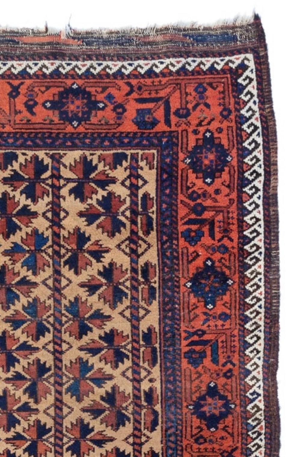 Antique Caucasian Rust Blue Ivory Geometric Tribal Baluch Rug, circa 1900s-1910s In Good Condition For Sale In New York, NY
