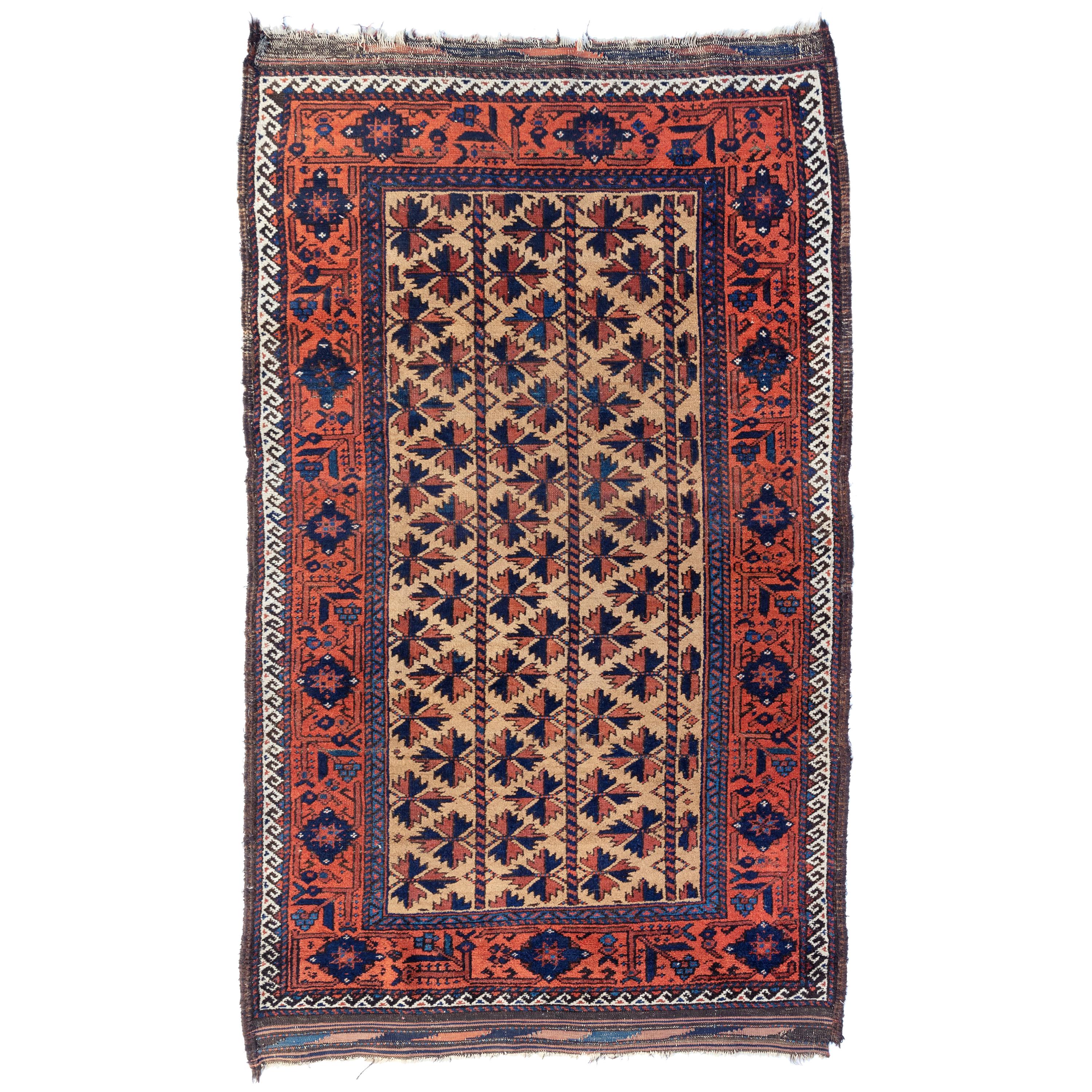 Antique Caucasian Rust Blue Ivory Geometric Tribal Baluch Rug, circa 1900s-1910s For Sale