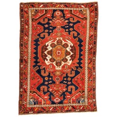 Antique Caucasian Rust Navy Blue Brown Kazak Tribal Geometric Rug c. 1880-1900