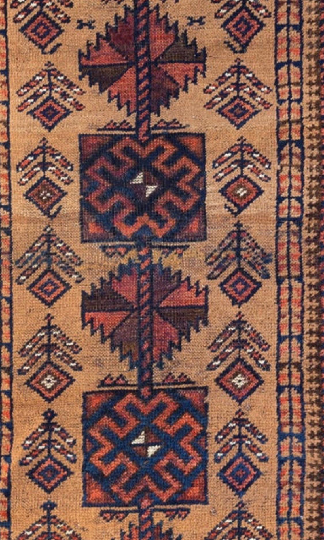 Baluch carpets are handmade carpets originally made by Baluch nomads, living near the border between Iran, Pakistan and Afghanistan. The carpets are often small with lively patterns, and praying carpets are common. The dominating colors are red,