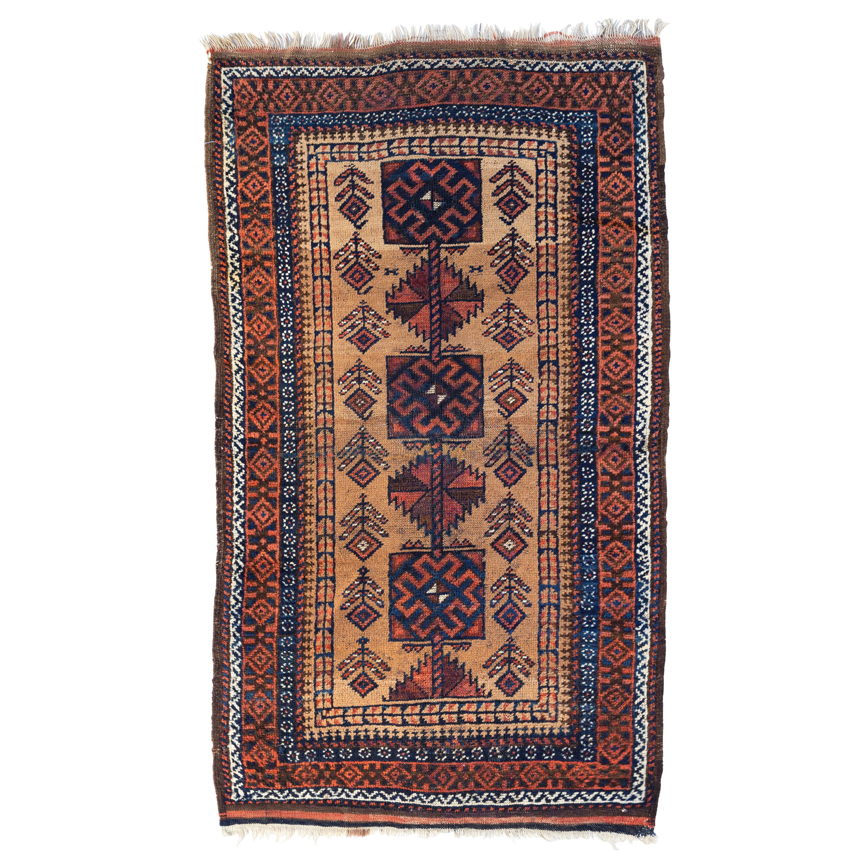 Caucasian Rust Navy Blue Brown Tan Geometric Tribal Baluch Rug, circa 1930s