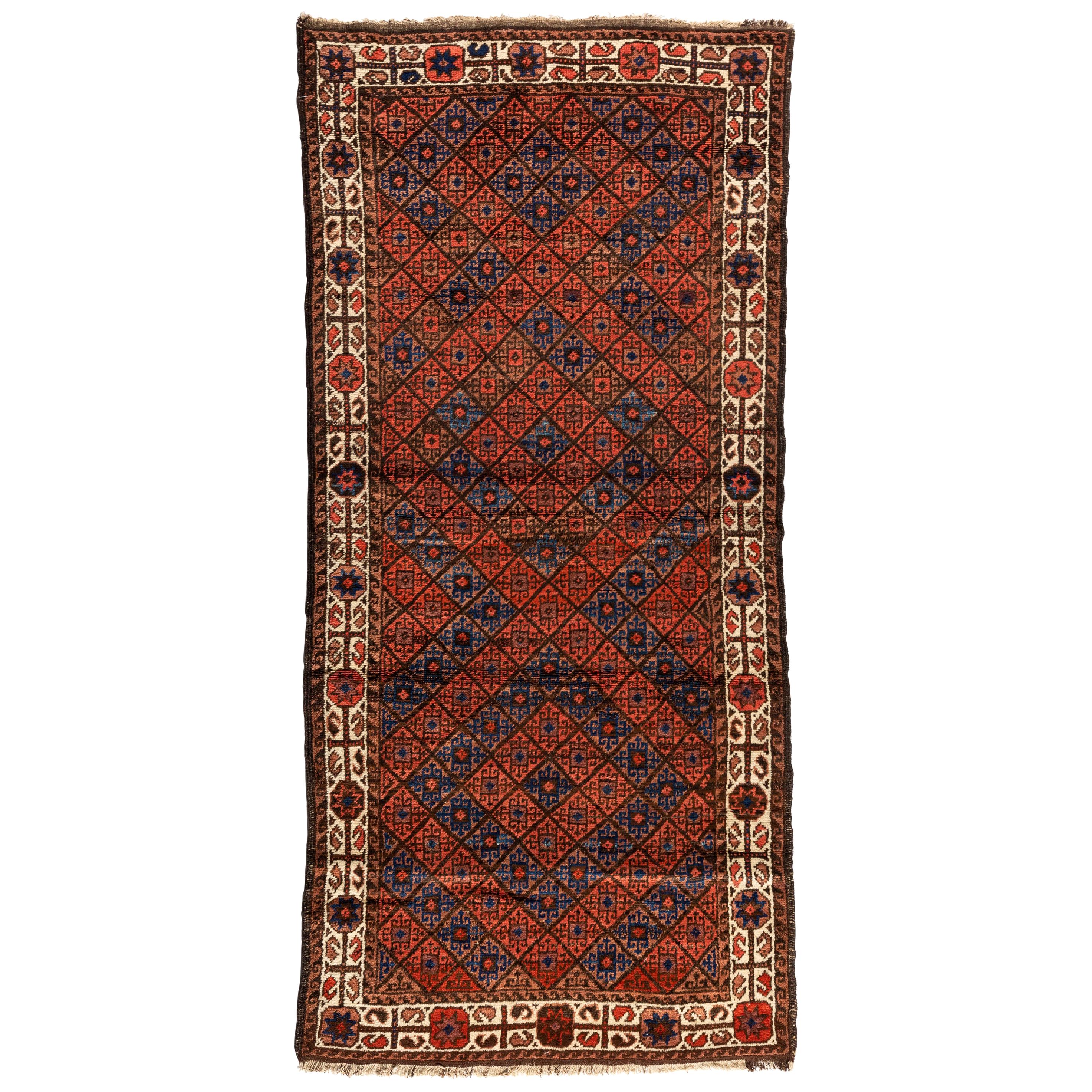 Antique Caucasian Rust Purple Geometric Tribal Baluch Rug
