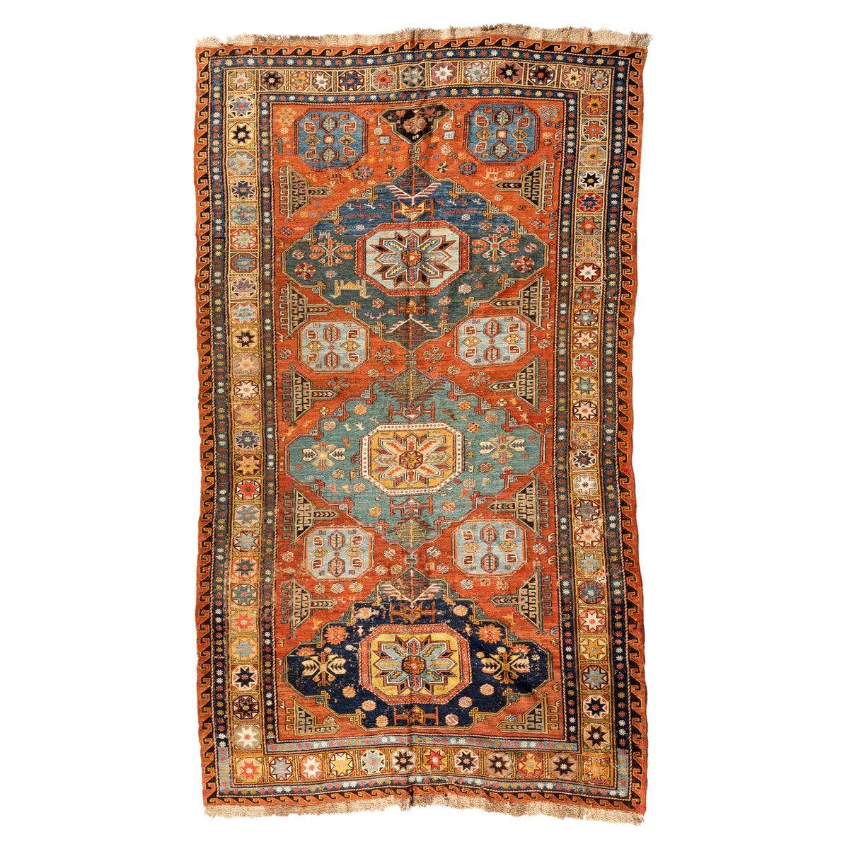 Antique Caucasian Rust Yellow Light Blue Geometric Soumak Rug circa ...