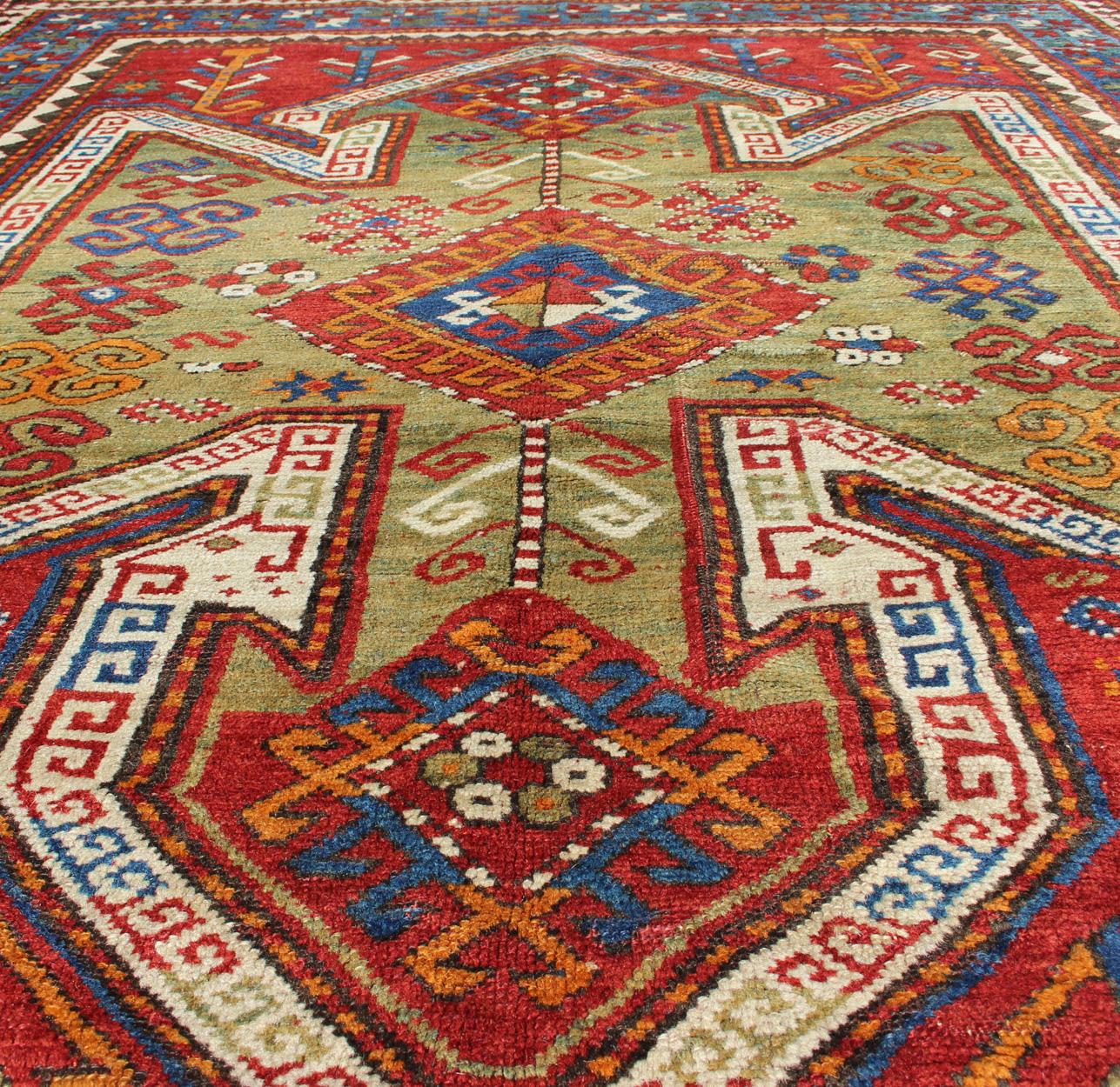 Antique Caucasian Sewan Kazak Rug with Large-Scale Tribal Design in Red & Green For Sale 3