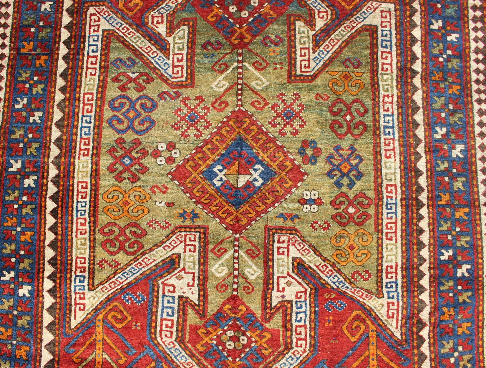 Antique Caucasian Sewan Kazak Rug with Large-Scale Tribal Design in Red & Green For Sale 4