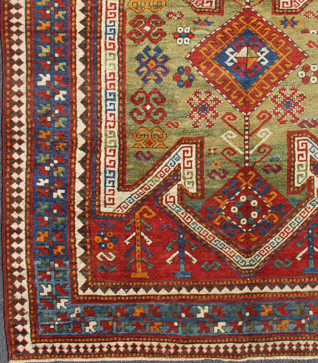 Kazak antique rug from Caucasus with tribal geometrics in bold color tones, rug 11-20939, country of origin / type: Caucasus, Kazak, circa 1890

The Sewan Kazak is among the most iconic of Caucasian village weaving. This strikingly beautiful