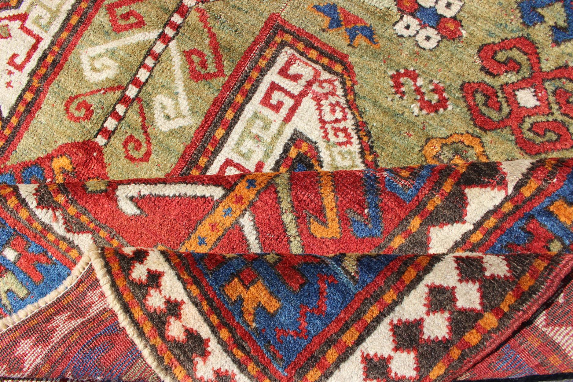 Antique Caucasian Sewan Kazak Rug with Large-Scale Tribal Design in Red & Green In Excellent Condition For Sale In Atlanta, GA