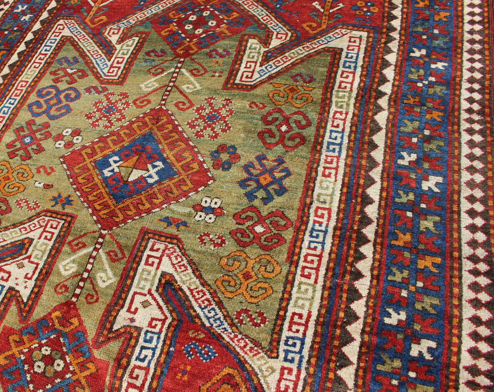 Antique Caucasian Sewan Kazak Rug with Large-Scale Tribal Design in Red & Green For Sale 1
