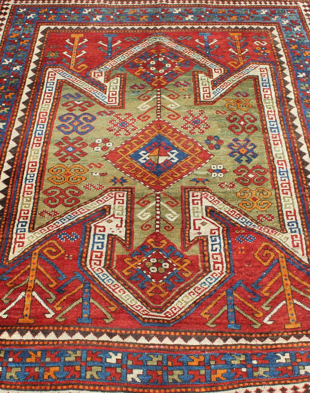 Antique Caucasian Sewan Kazak Rug with Large-Scale Tribal Design in Red & Green For Sale 2