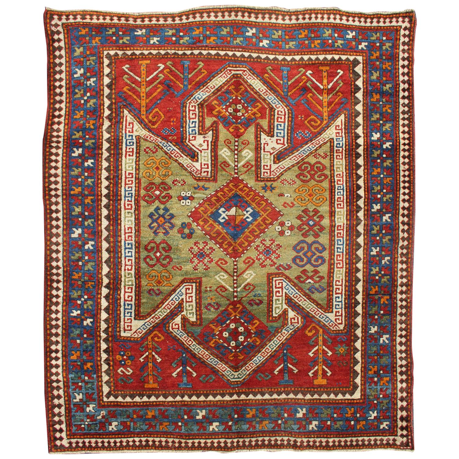 Antique Caucasian Sewan Kazak Rug with Large-Scale Tribal Design in Red & Green