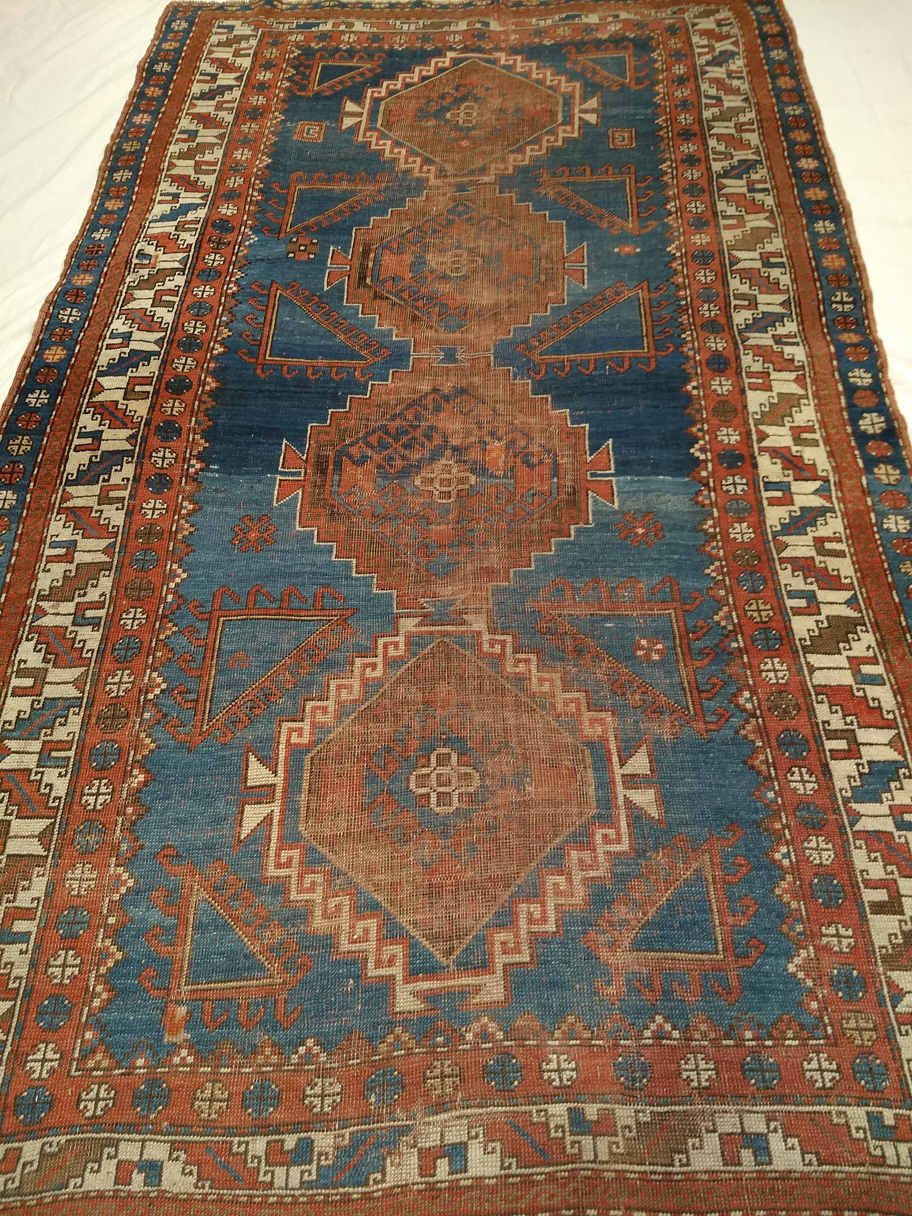 Vintage Caucasian Shirvan Area Rug in Triple Medallion Design in French Blue For Sale 4