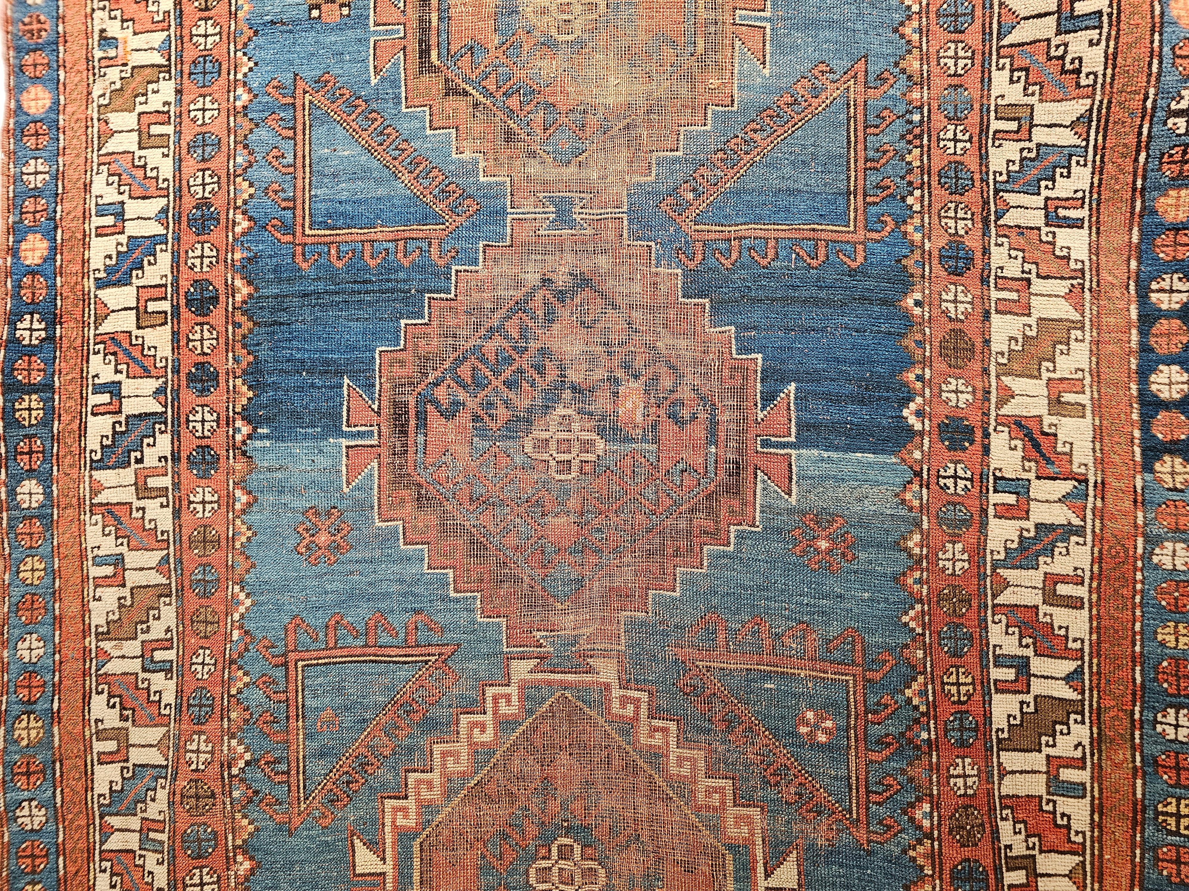 Vegetable Dyed Vintage Caucasian Shirvan Area Rug in Triple Medallion Design in French Blue For Sale