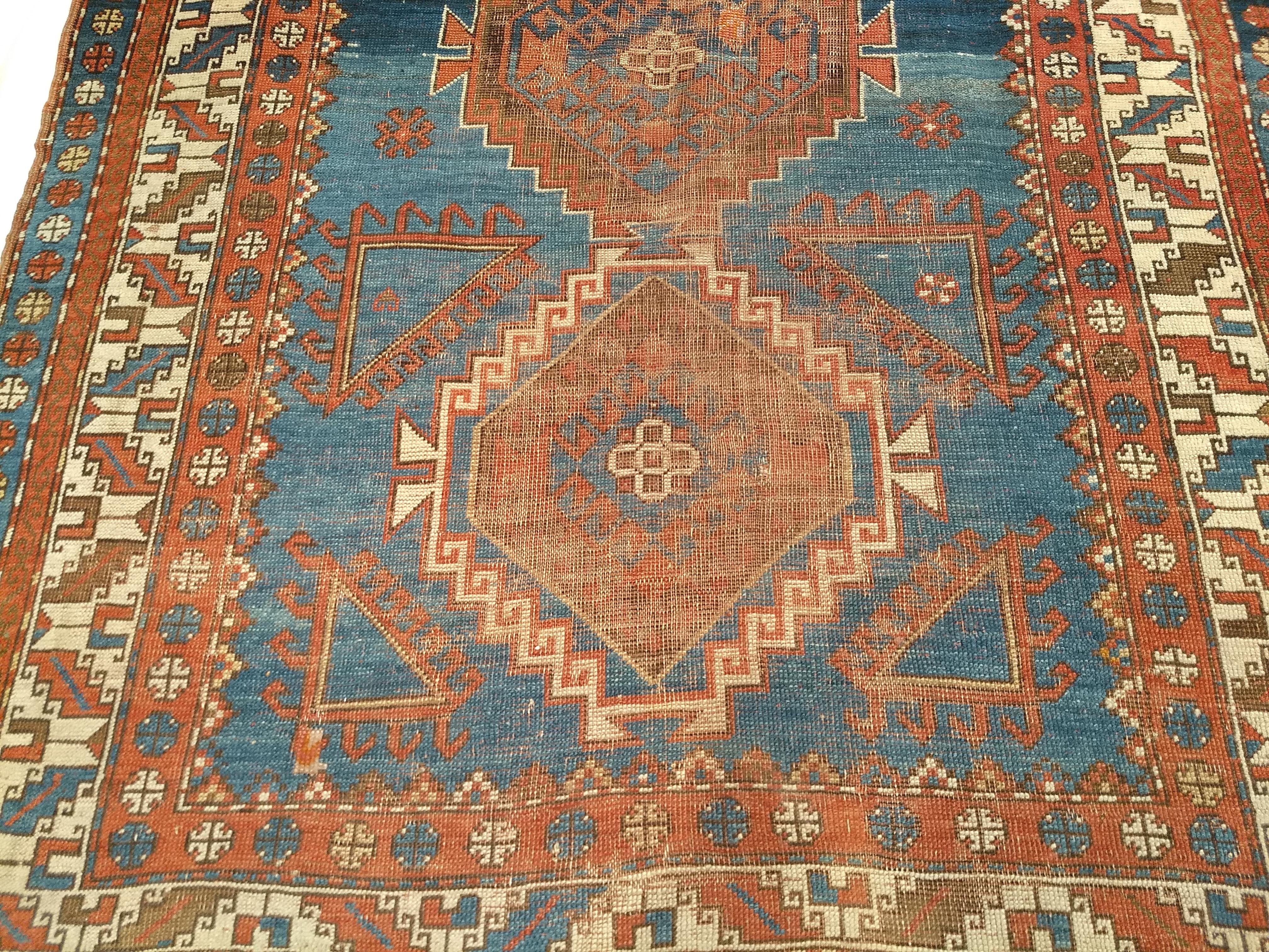 Vintage Caucasian Shirvan Area Rug in Triple Medallion Design in French Blue In Good Condition For Sale In Barrington, IL