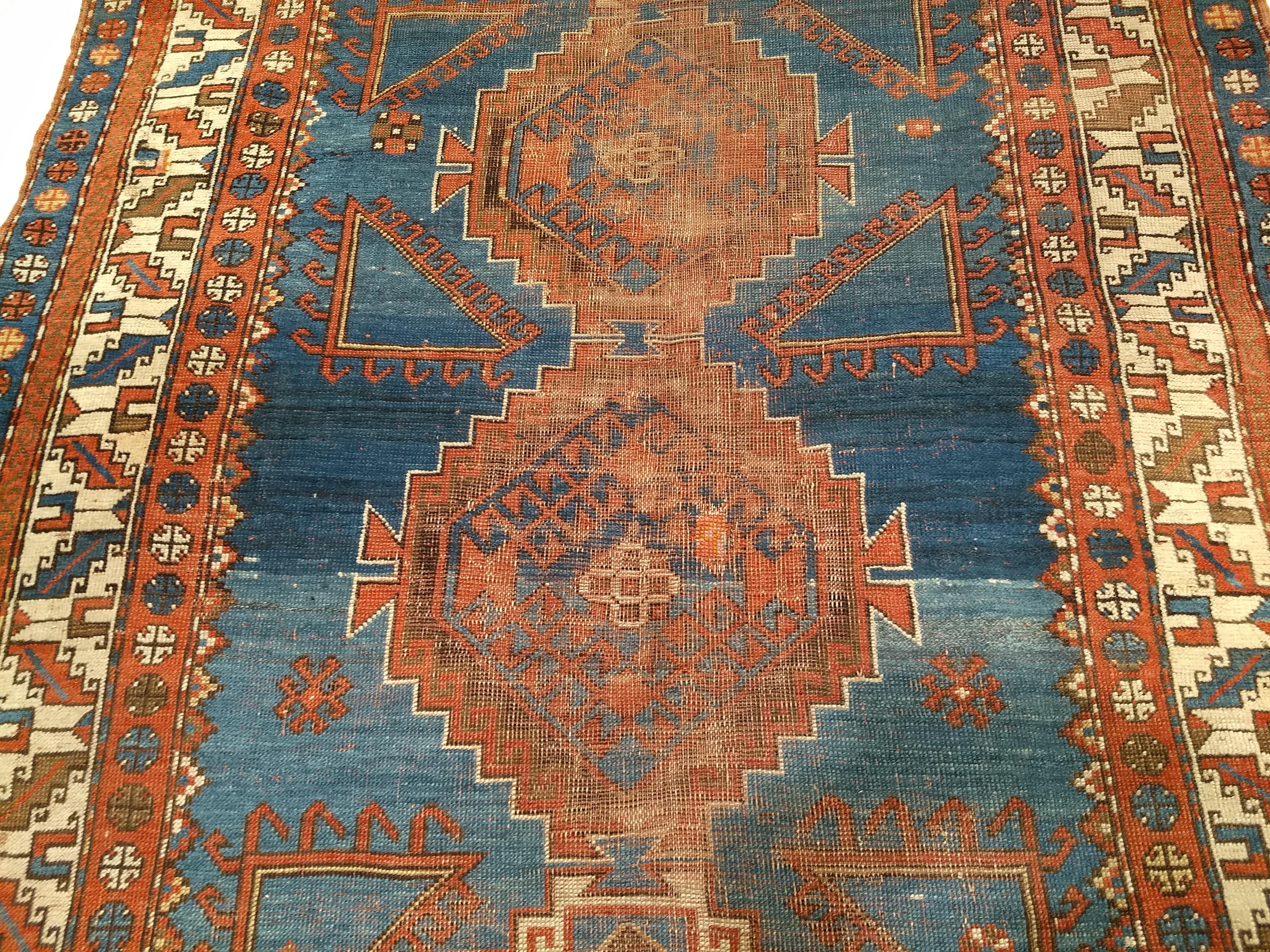 19th Century Vintage Caucasian Shirvan Area Rug in Triple Medallion Design in French Blue For Sale