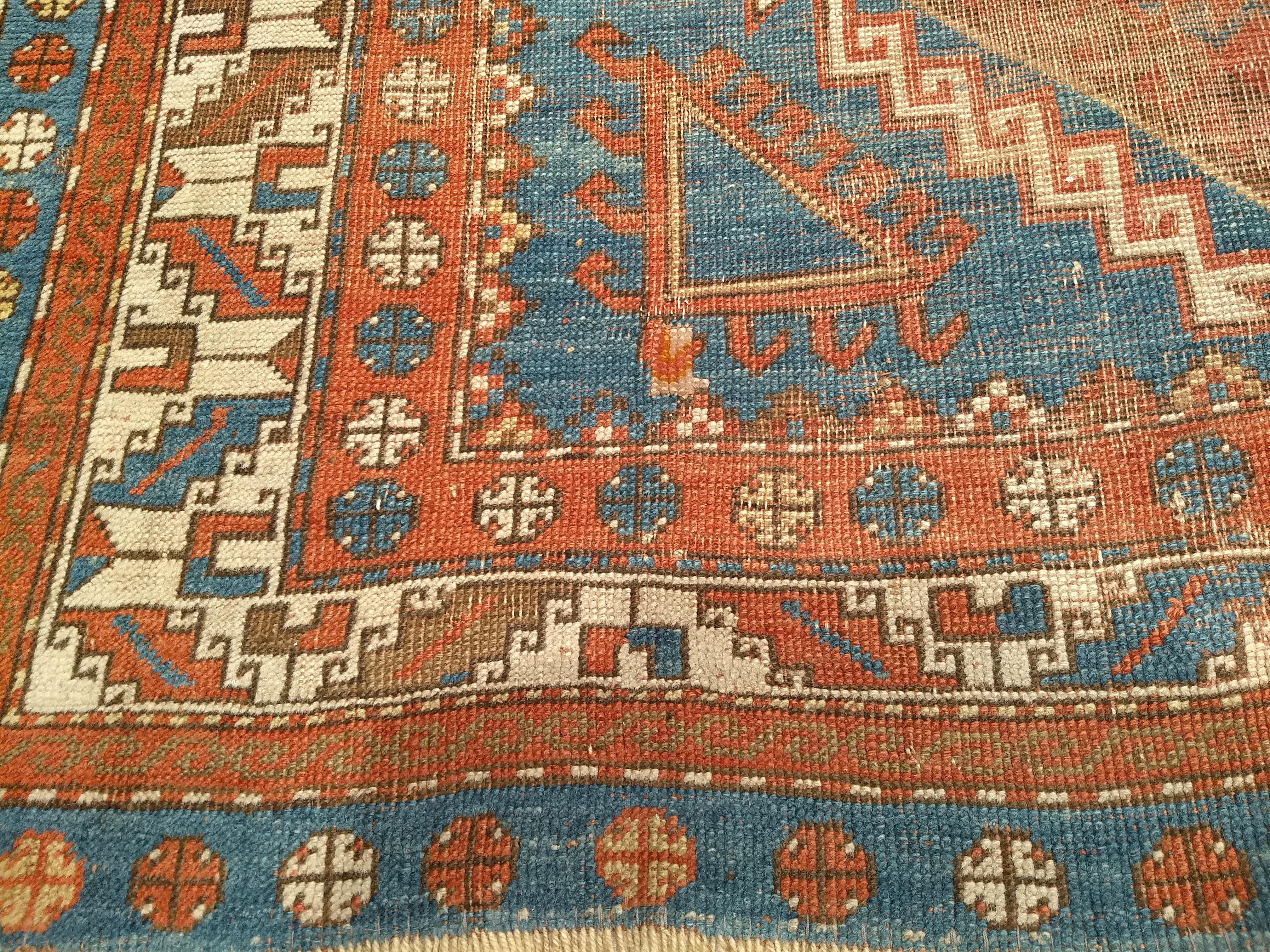 Wool Vintage Caucasian Shirvan Area Rug in Triple Medallion Design in French Blue For Sale