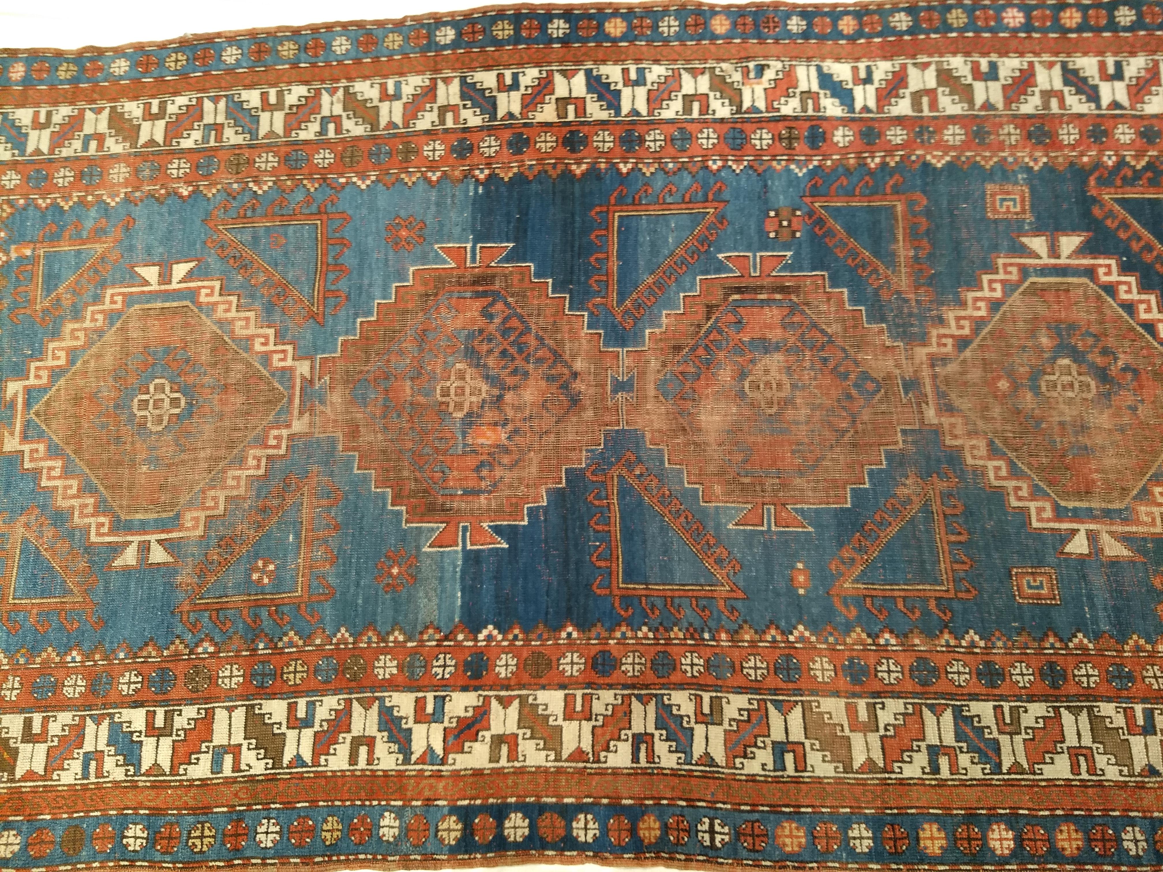 Vintage Caucasian Shirvan Area Rug in Triple Medallion Design in French Blue For Sale 1