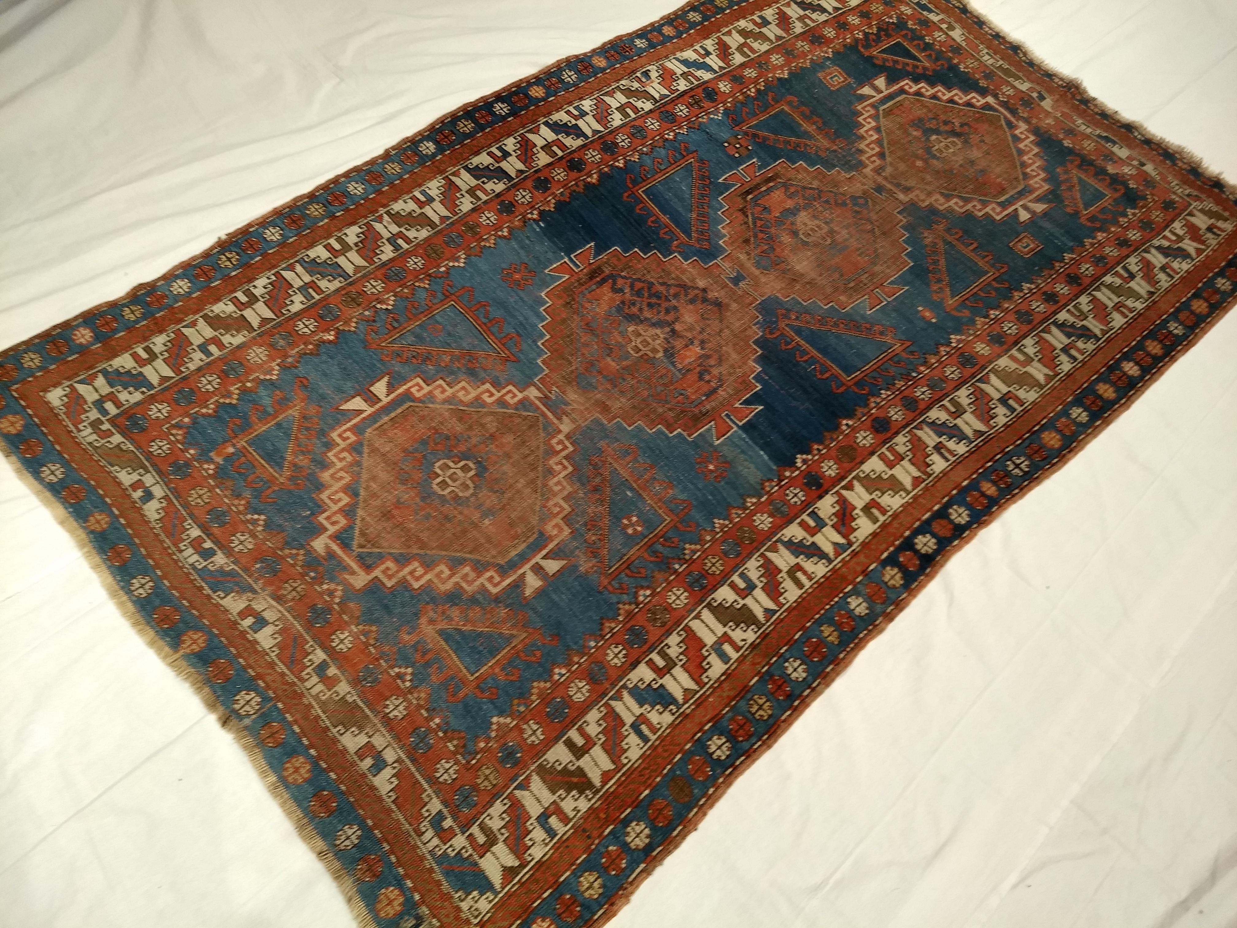 Vintage Caucasian Shirvan Area Rug in Triple Medallion Design in French Blue For Sale 2