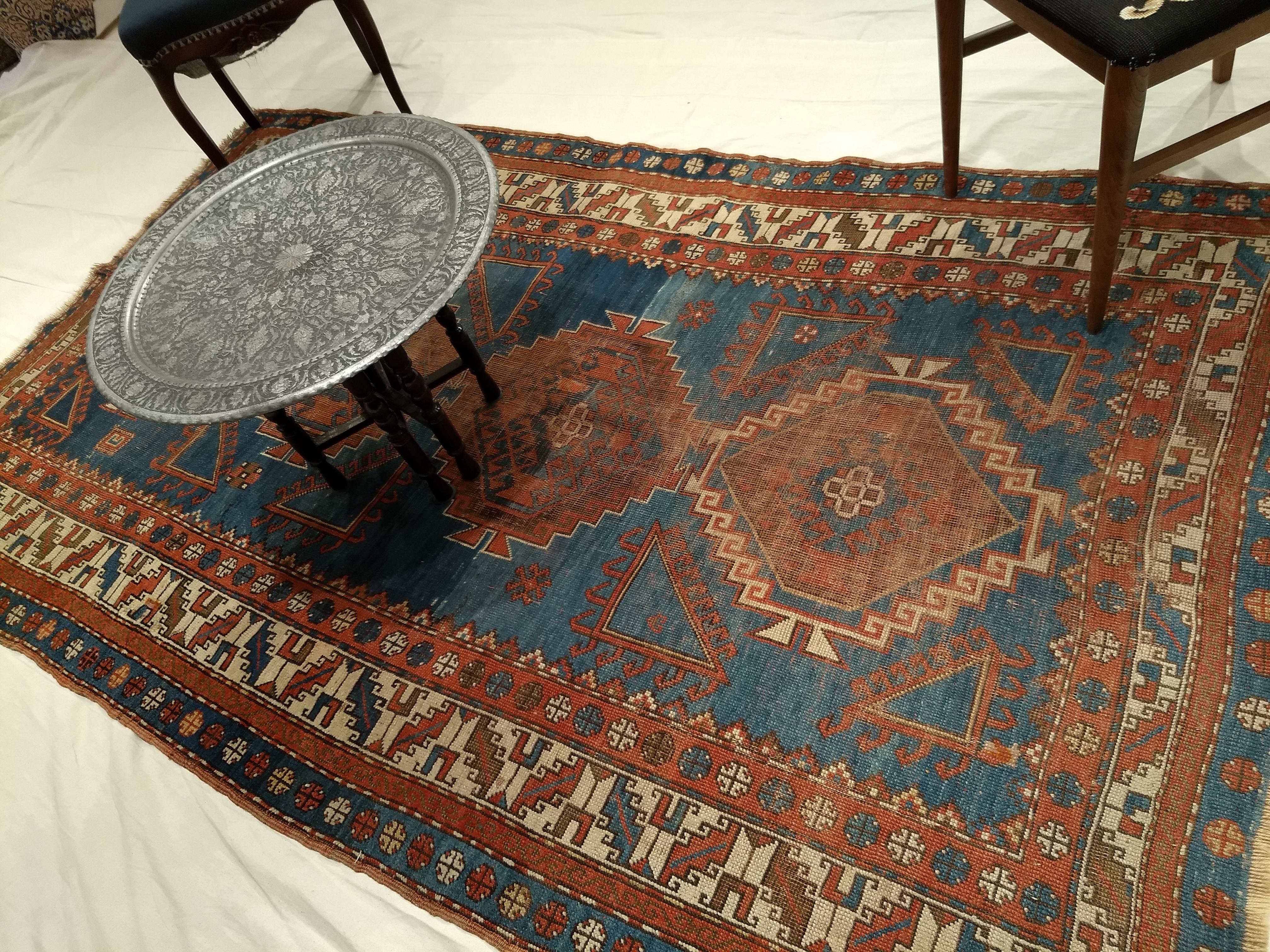 Vintage Caucasian Shirvan Area Rug in Triple Medallion Design in French Blue For Sale 3