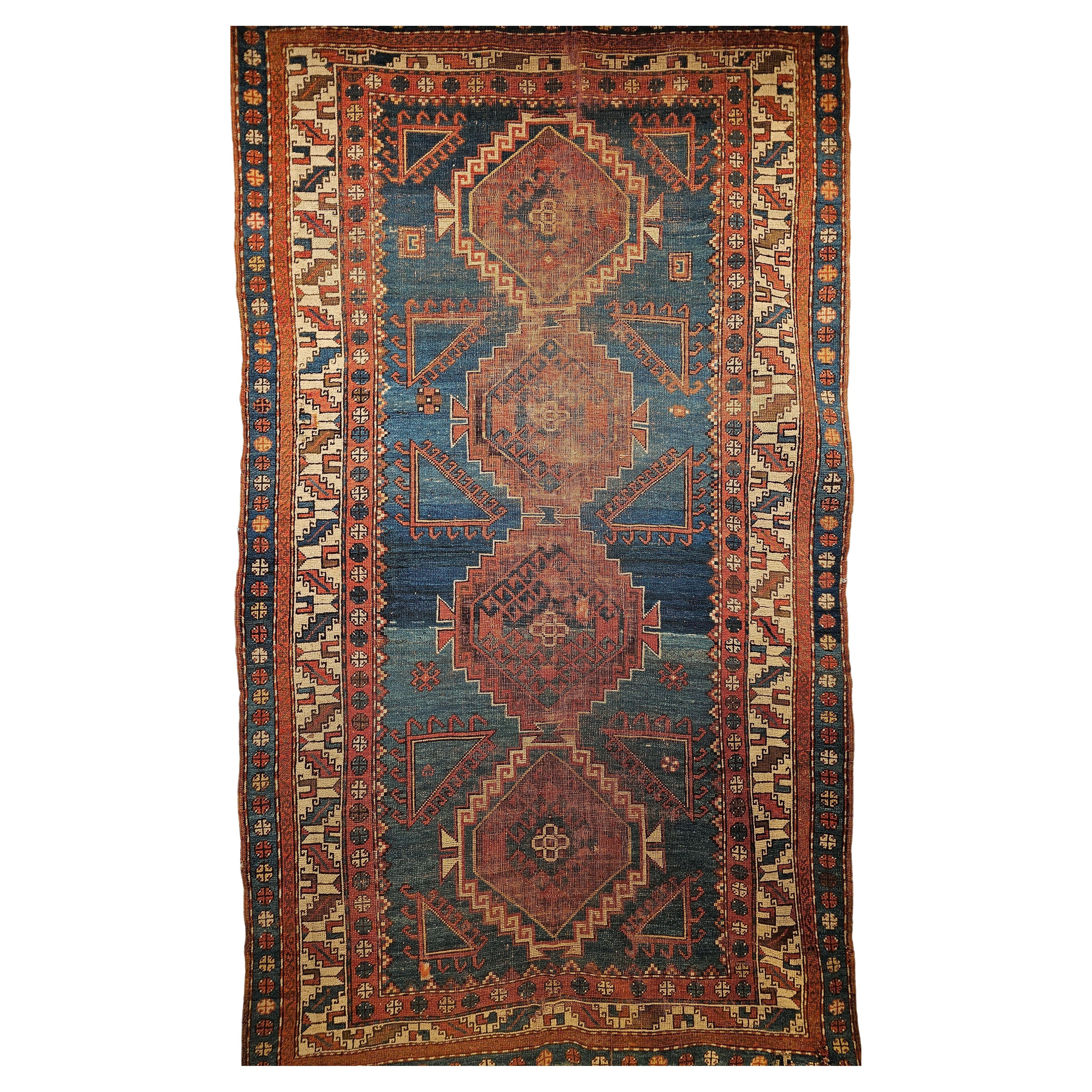 Vintage Caucasian Shirvan Area Rug in Triple Medallion Design in French Blue For Sale