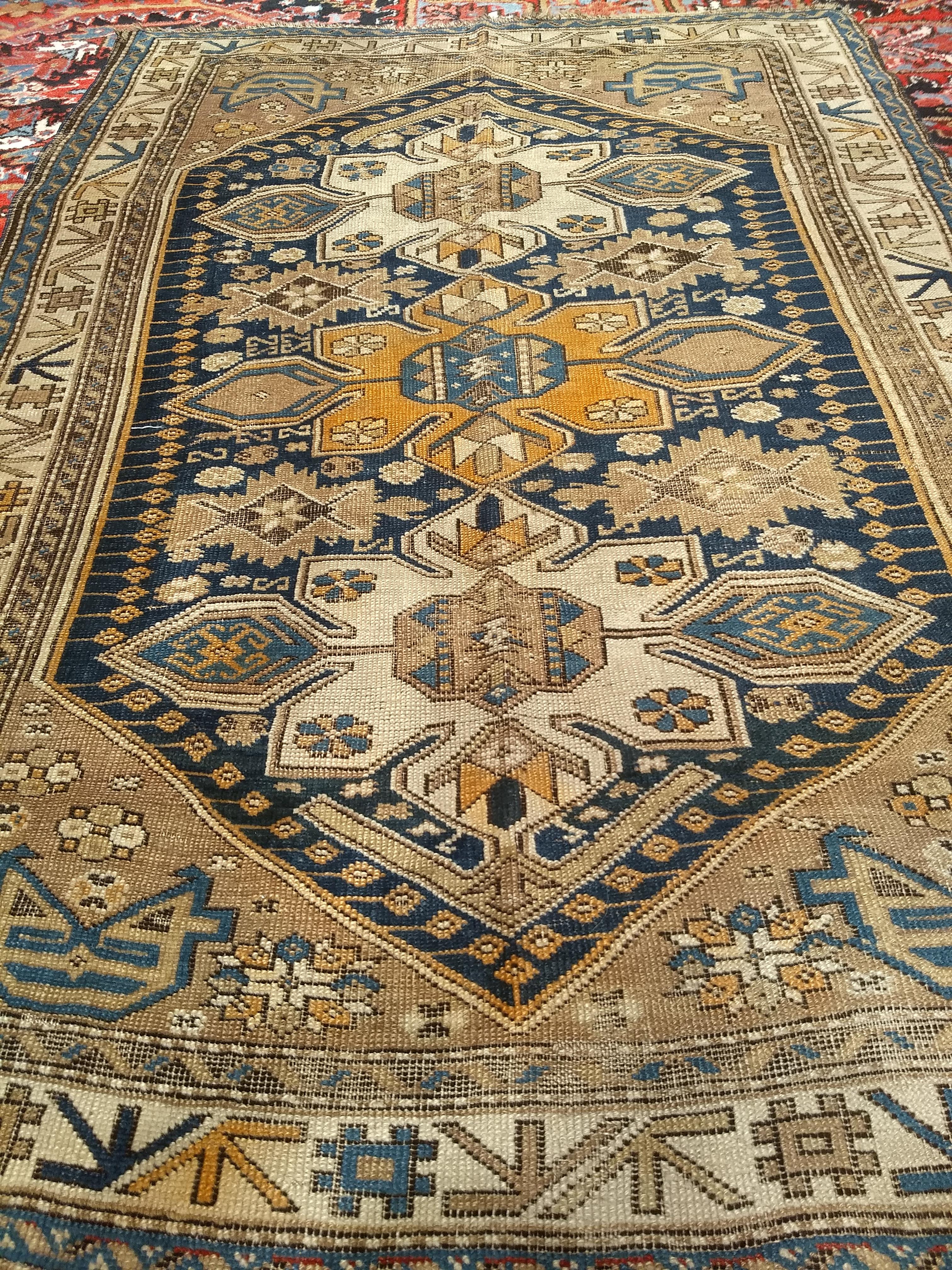 19th Century Caucasian Shirvan Triple Medallion Pattern on a Navy Color Field For Sale 1