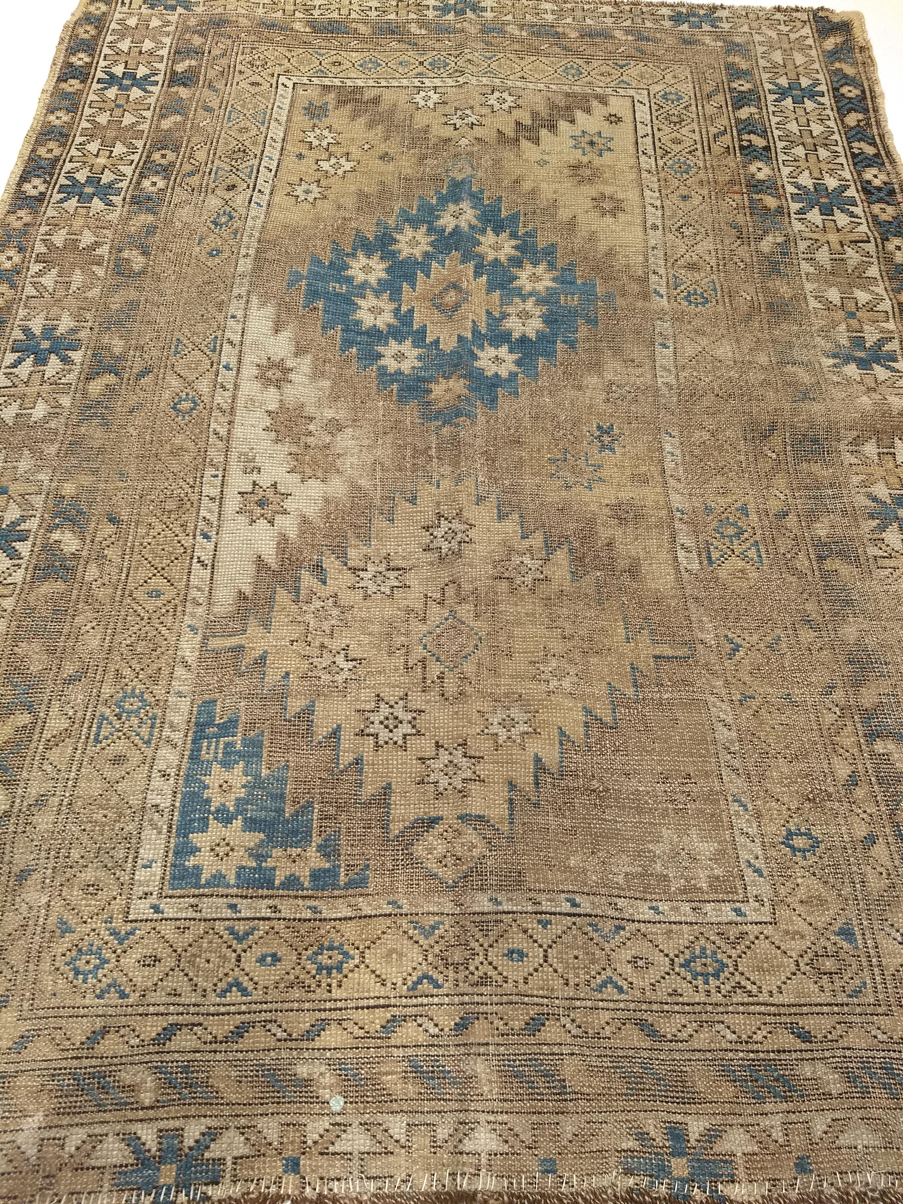 Antique Caucasian Shirvan Area Rug in Pale Blue, Ivory, Camel, Chocolate For Sale 5