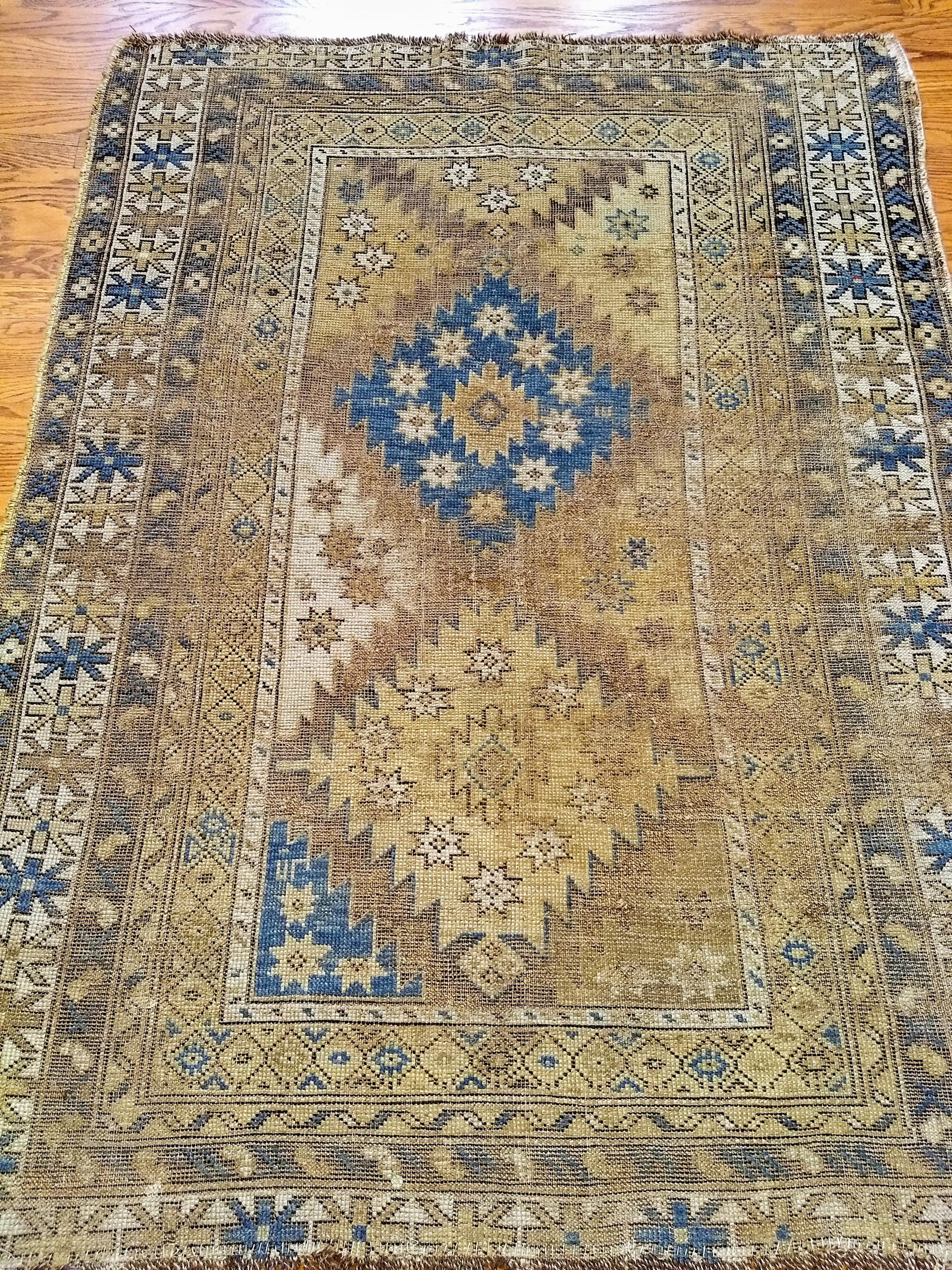 Vegetable Dyed Antique Caucasian Shirvan Area Rug in Pale Blue, Ivory, Camel, Chocolate For Sale