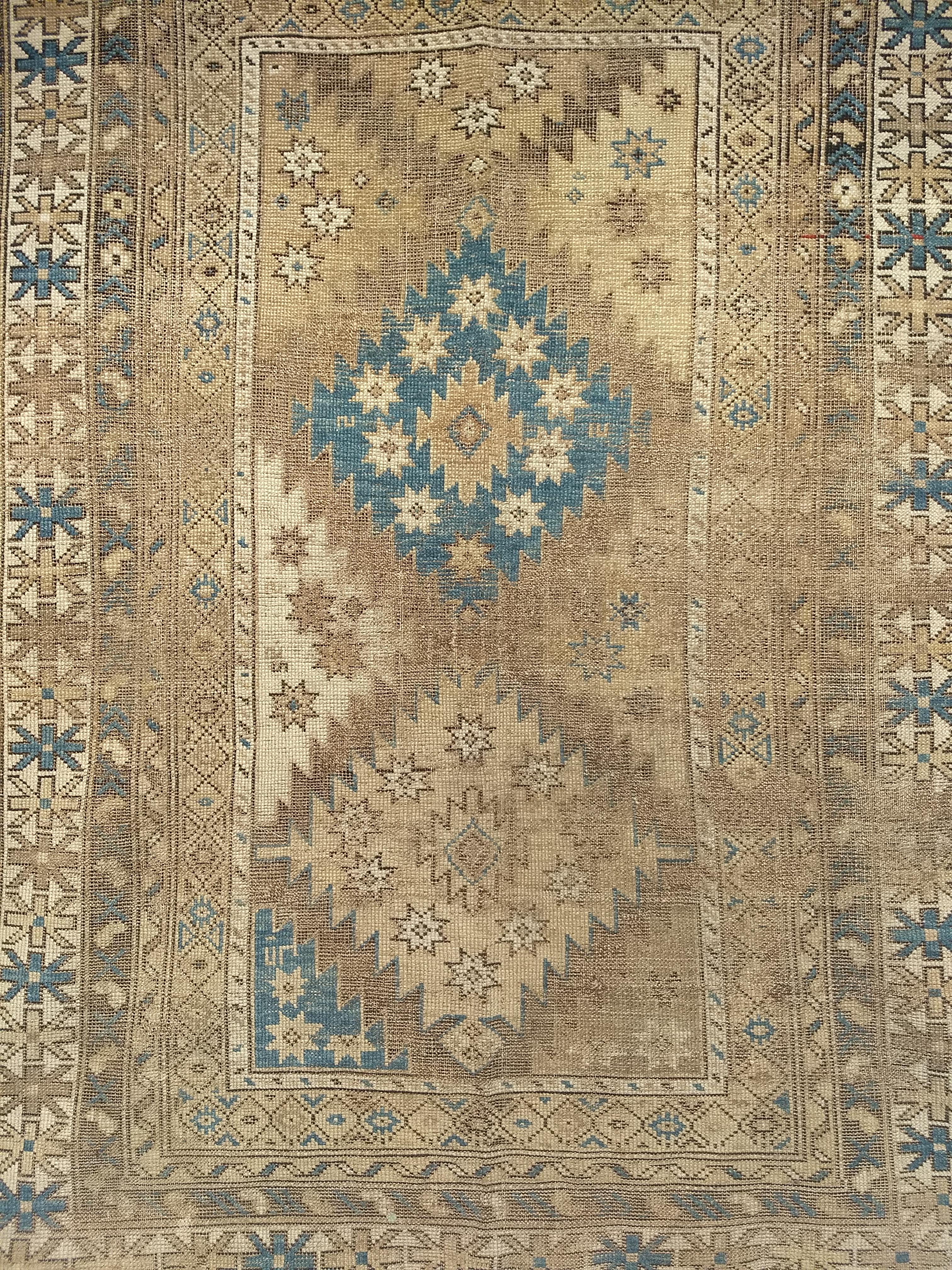 Antique Caucasian Shirvan Area Rug in Pale Blue, Ivory, Camel, Chocolate In Good Condition For Sale In Barrington, IL