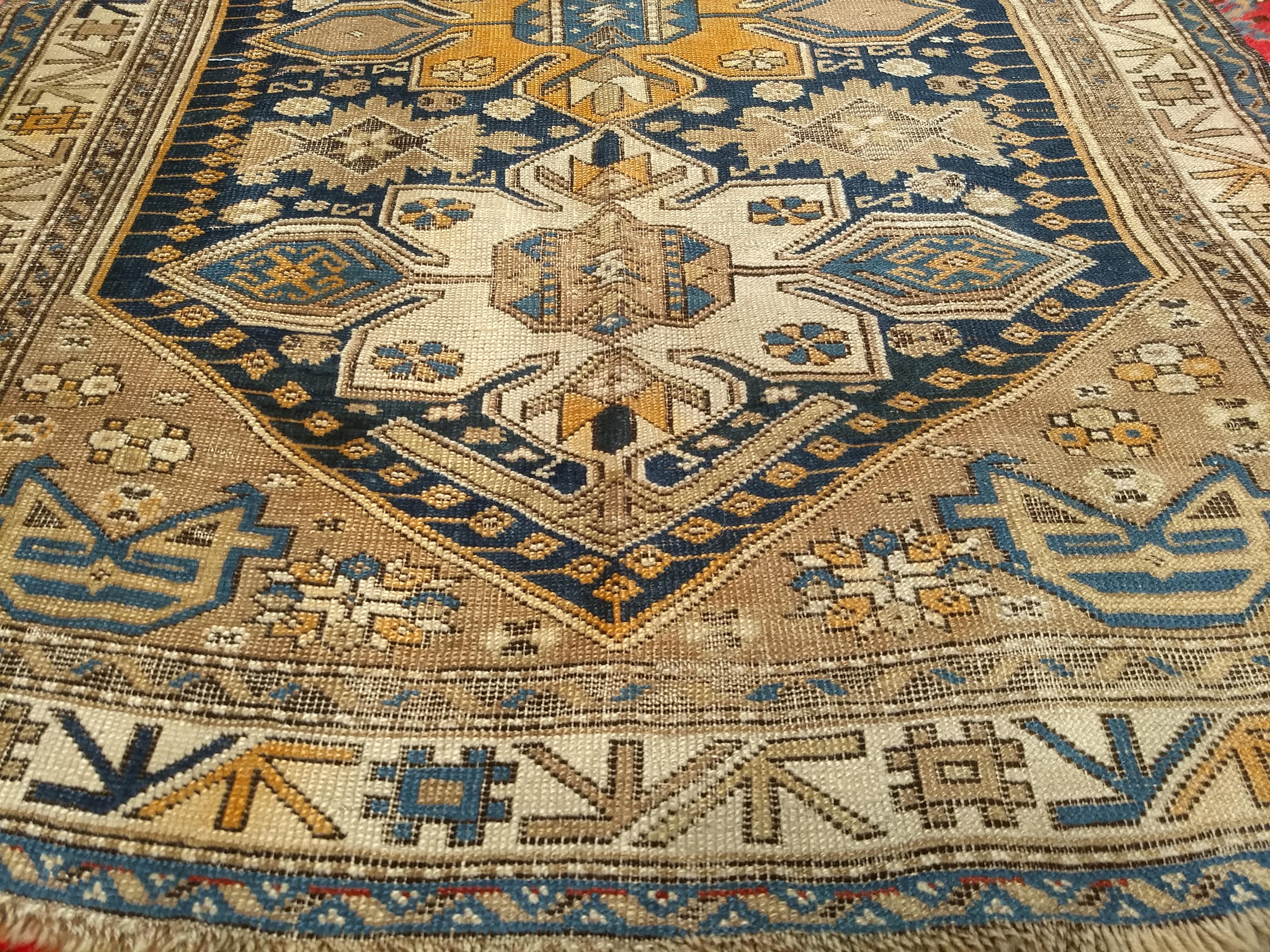 Hand-Woven 19th Century Caucasian Shirvan Triple Medallion Pattern on a Navy Color Field For Sale