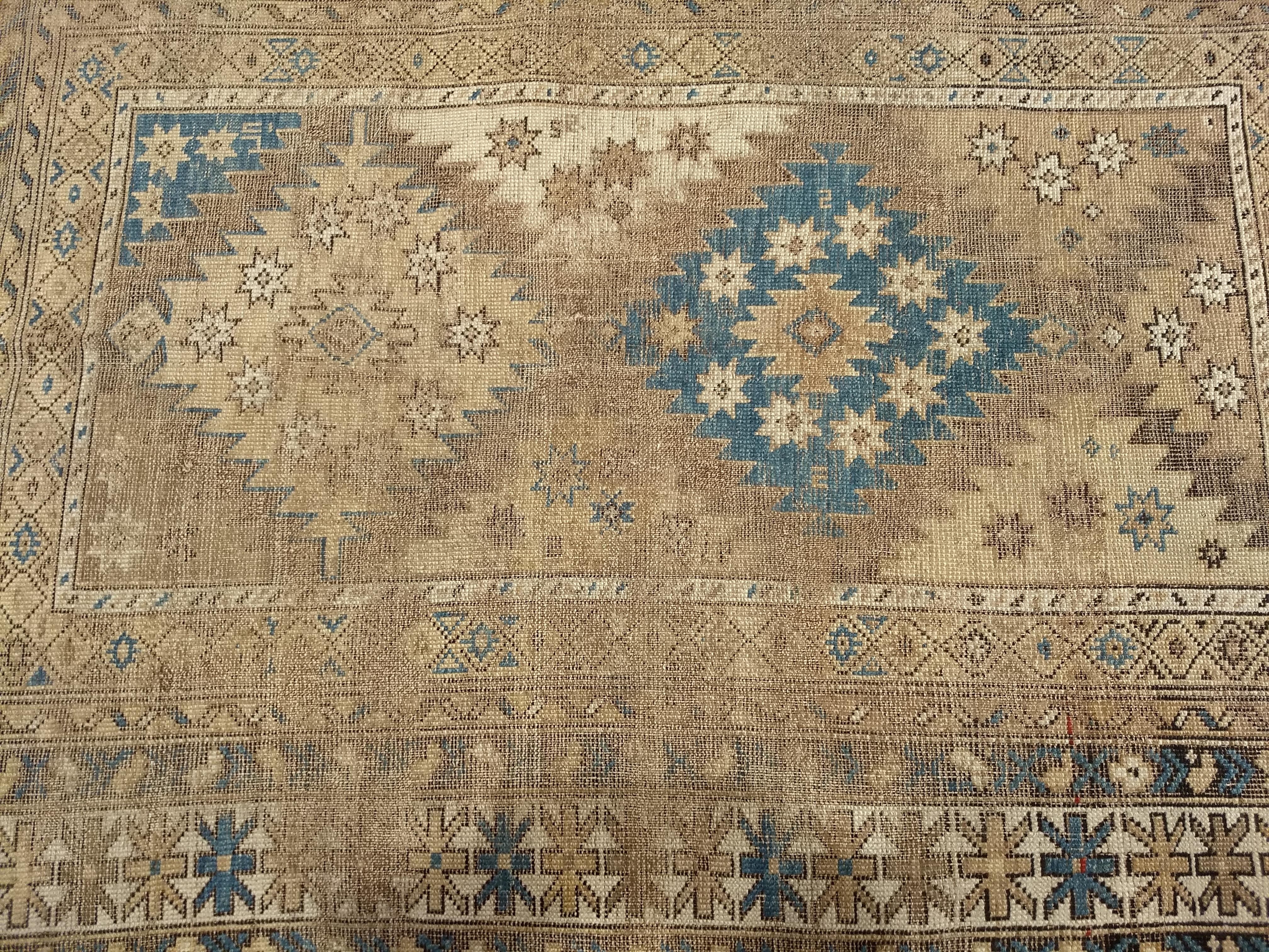 Antique Caucasian Shirvan Area Rug in Pale Blue, Ivory, Camel, Chocolate For Sale 3