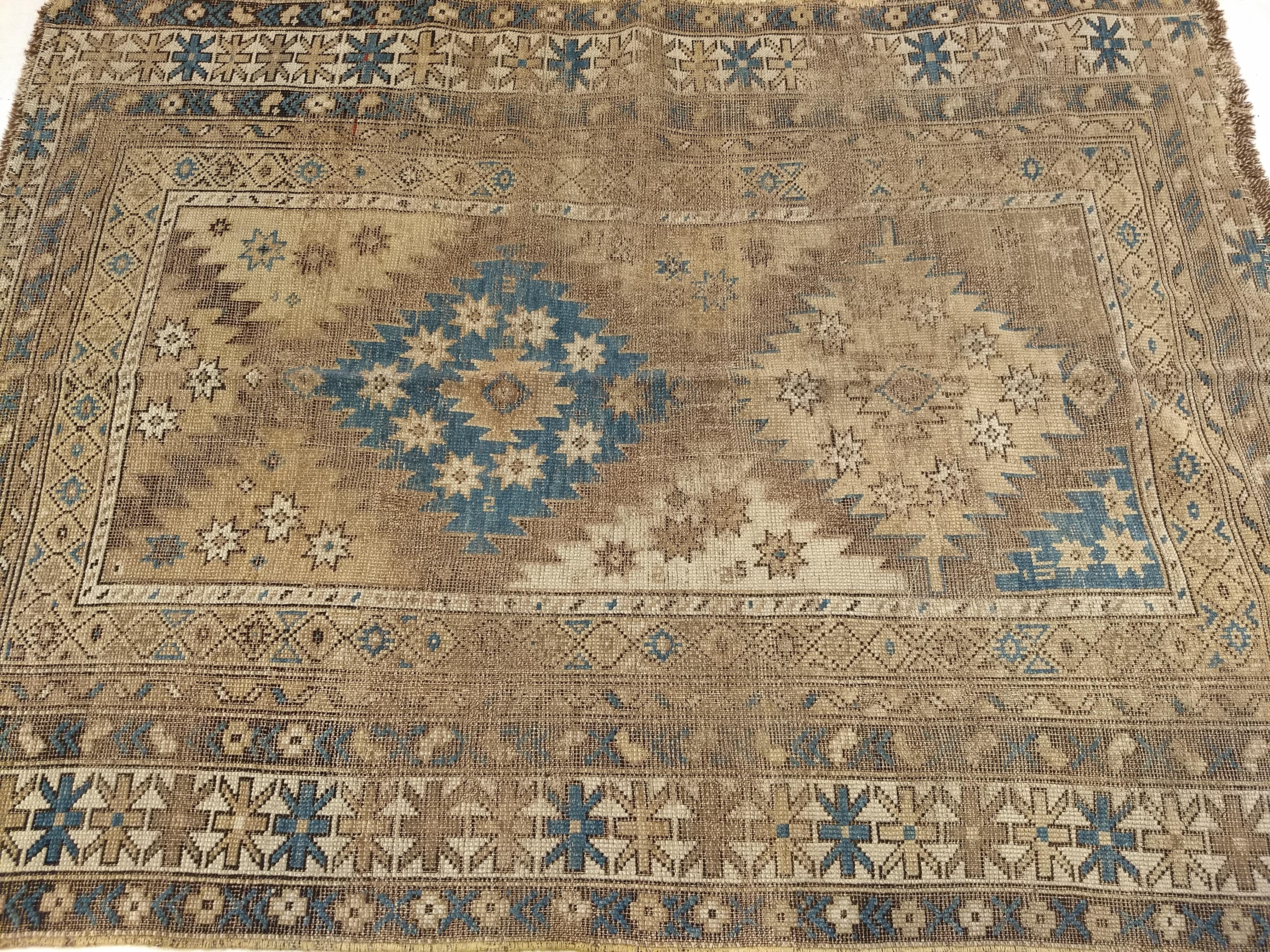 Antique Caucasian Shirvan Area Rug in Pale Blue, Ivory, Camel, Chocolate For Sale 4