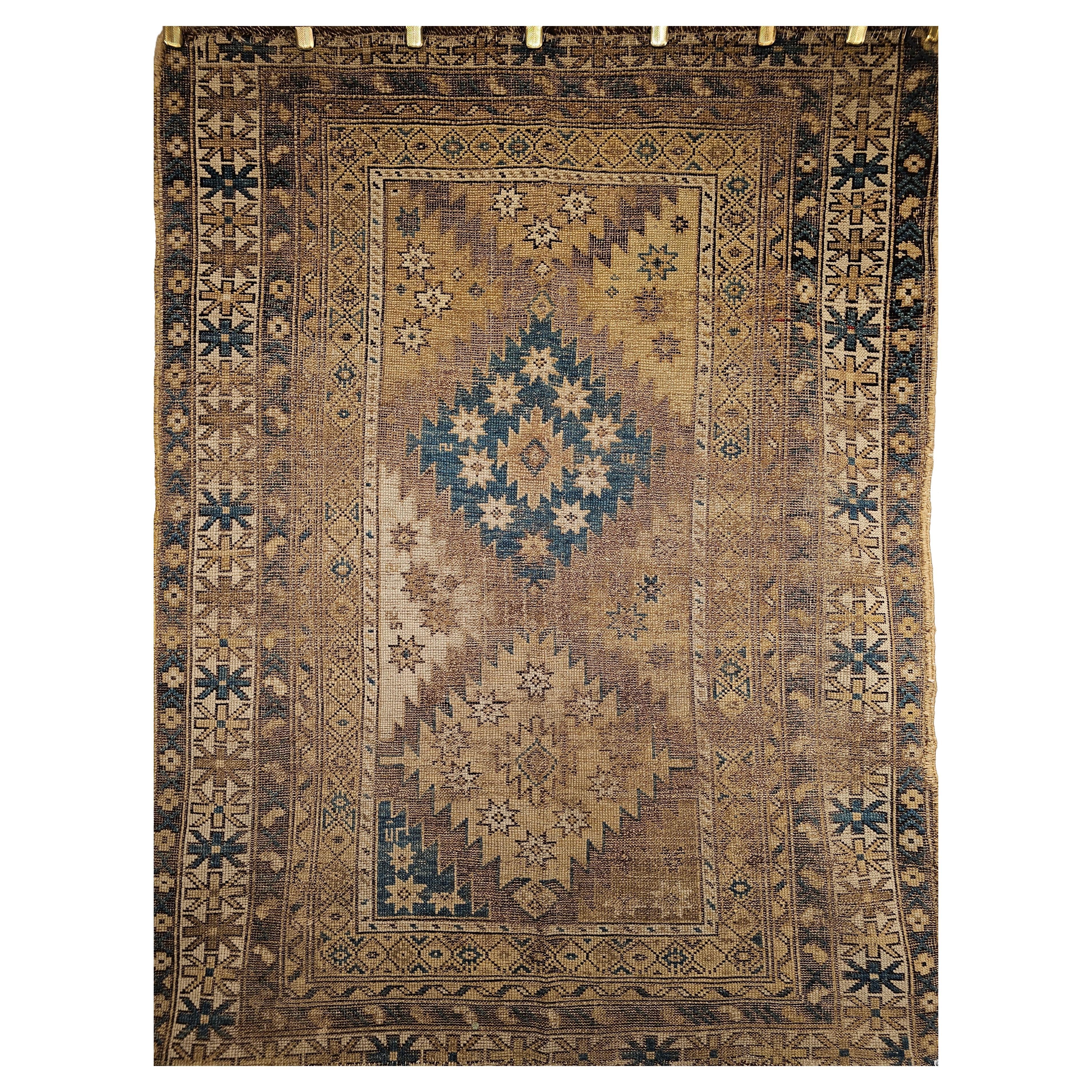 Antique Caucasian Shirvan Area Rug in Pale Blue, Ivory, Camel, Chocolate