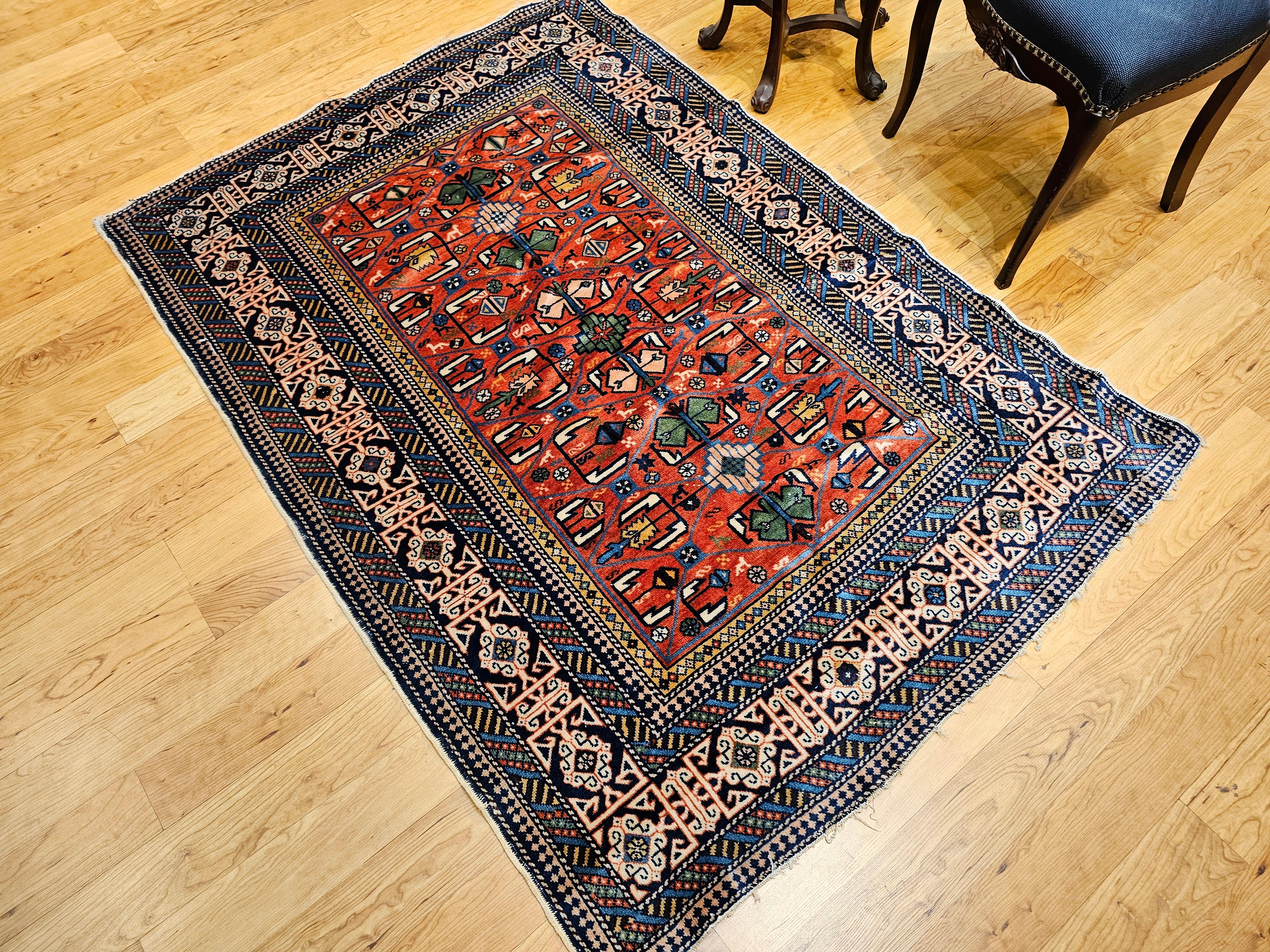 Antique Caucasian Shirvan Rug in Allover Geometric Pattern in Red, Navy, Blue For Sale 4