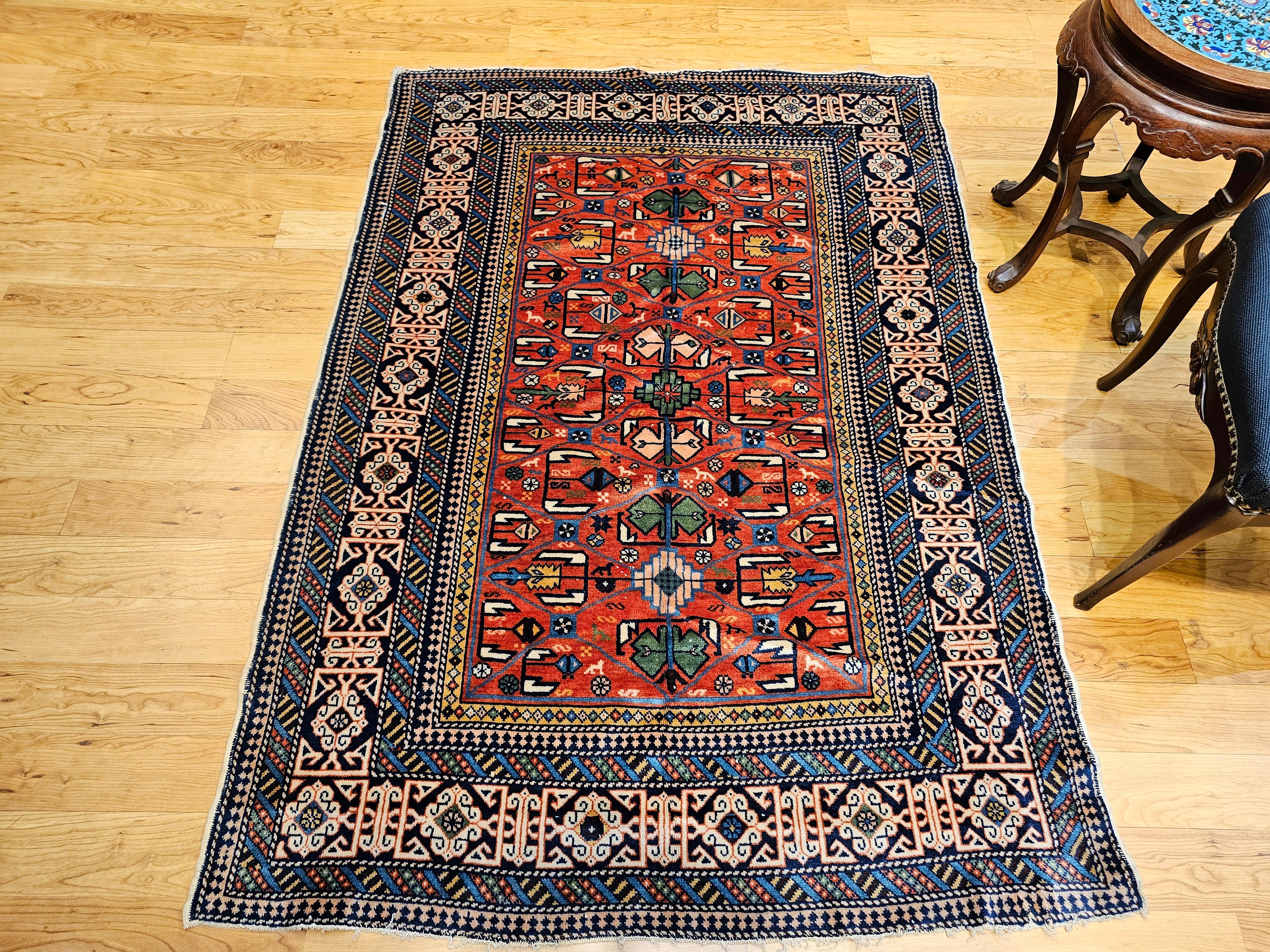 Antique Caucasian Shirvan Rug in Allover Geometric Pattern in Red, Navy, Blue For Sale 5