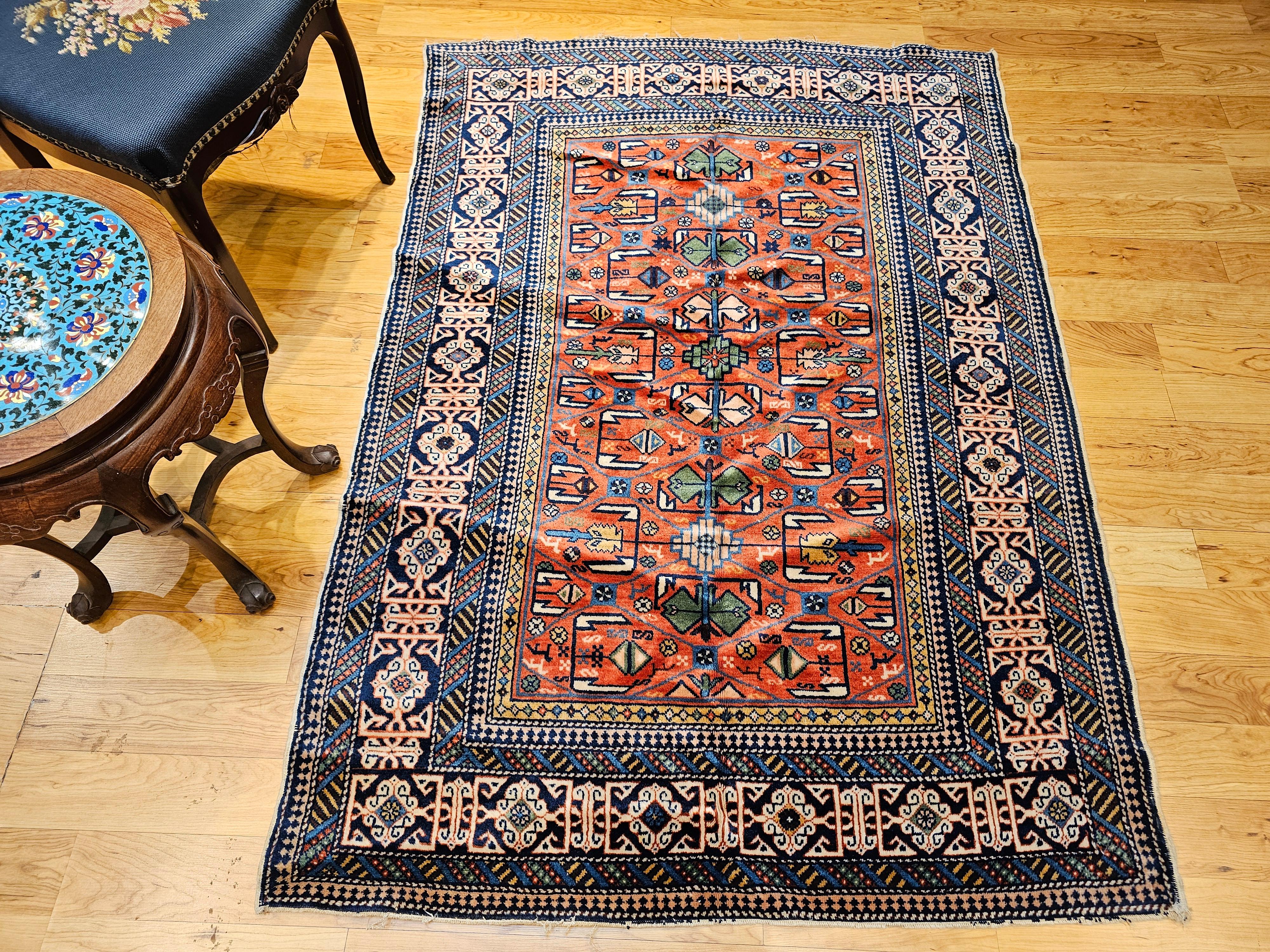 Antique Caucasian Shirvan Rug in Allover Geometric Pattern in Red, Navy, Blue For Sale 9