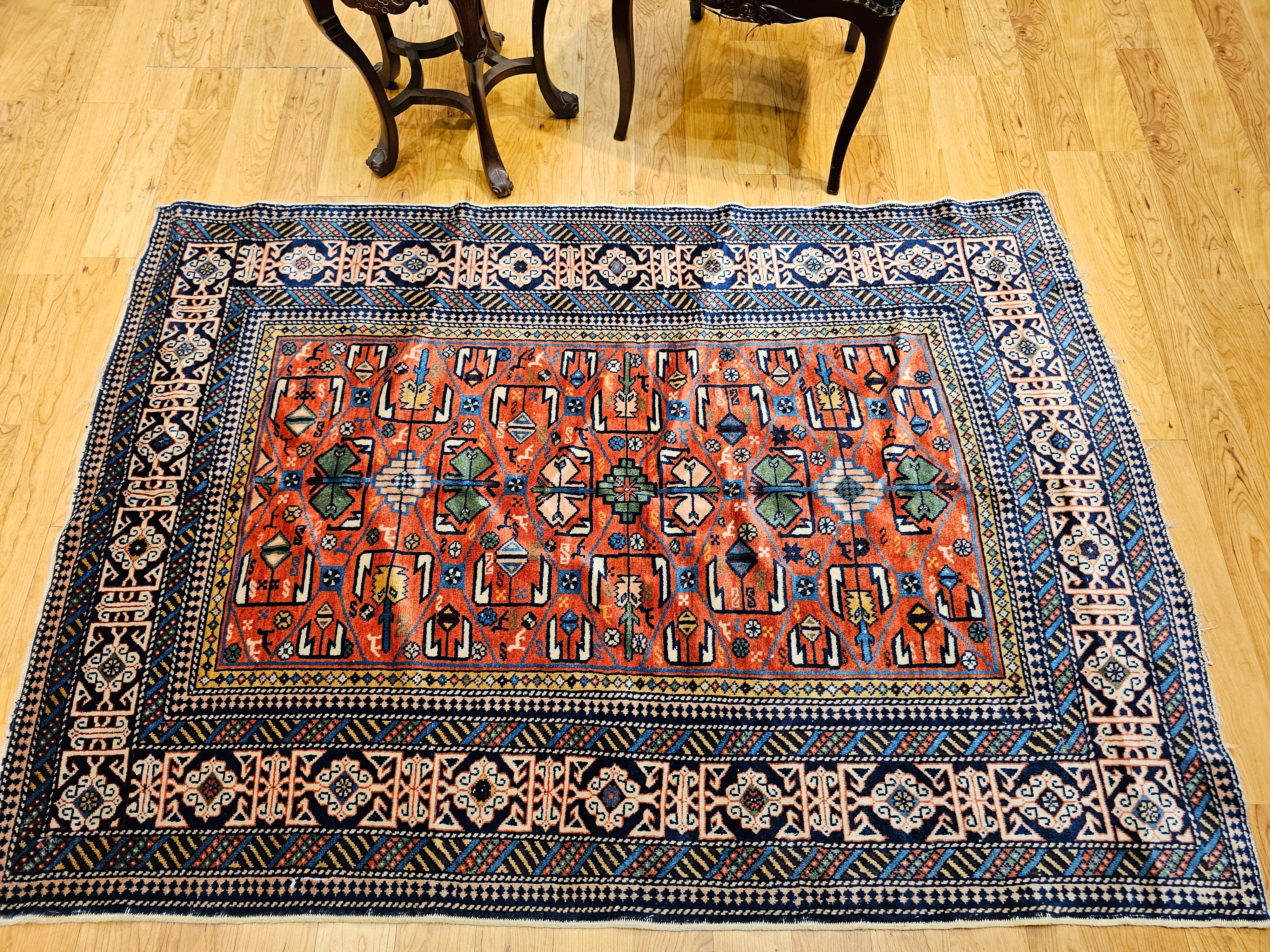 Antique Caucasian Shirvan Rug in Allover Geometric Pattern in Red, Navy, Blue For Sale 7