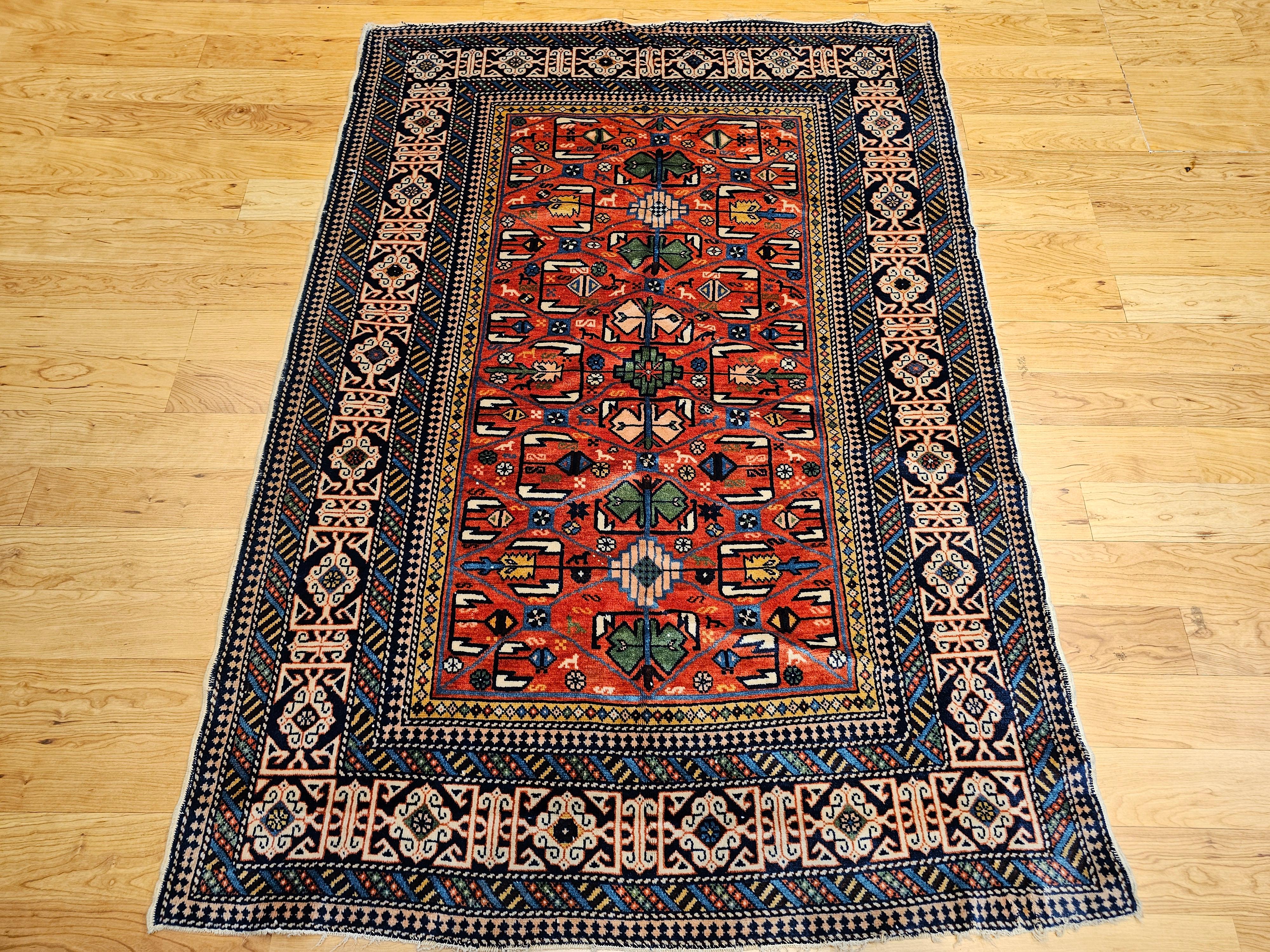 Antique Caucasian Shirvan Rug in Allover Geometric Pattern in Red, Navy, Blue For Sale 11