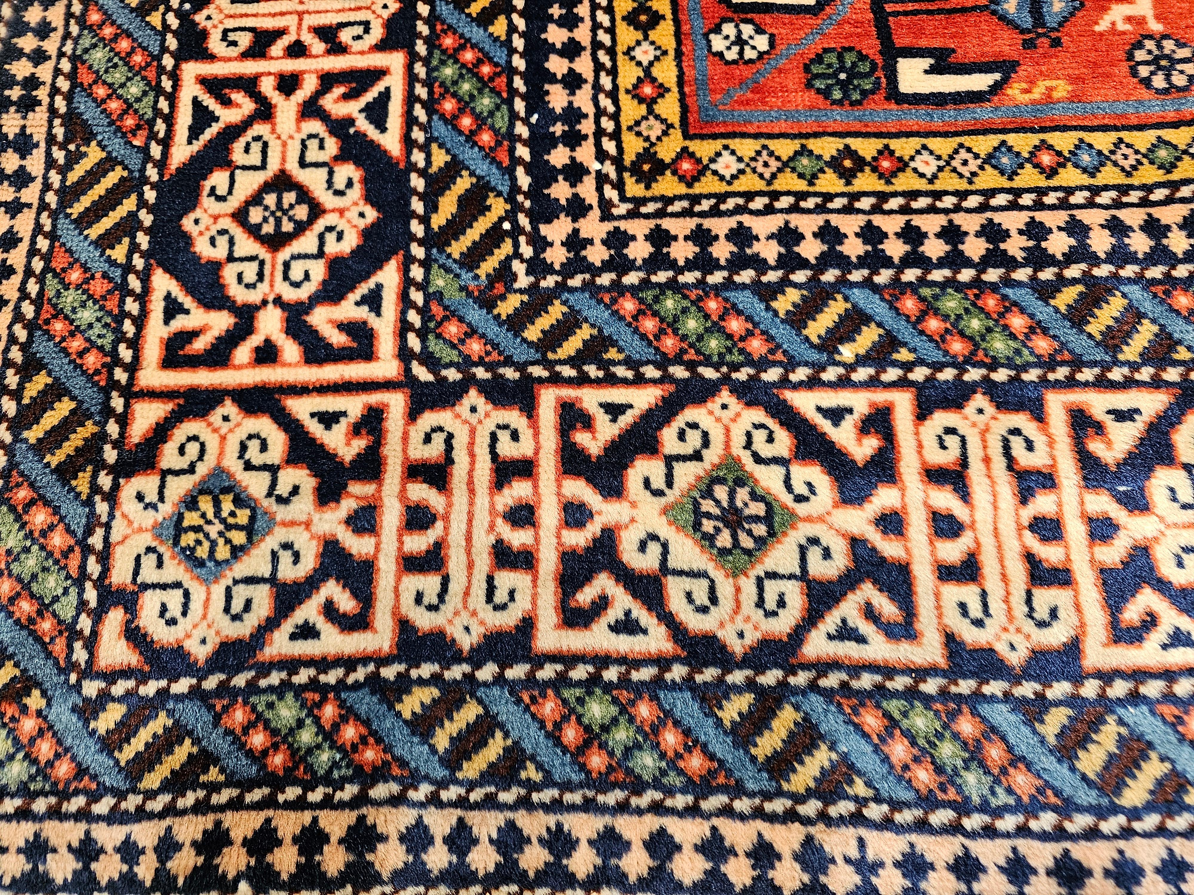 Antique Caucasian Shirvan Rug in Allover Geometric Pattern in Red, Navy, Blue For Sale 3