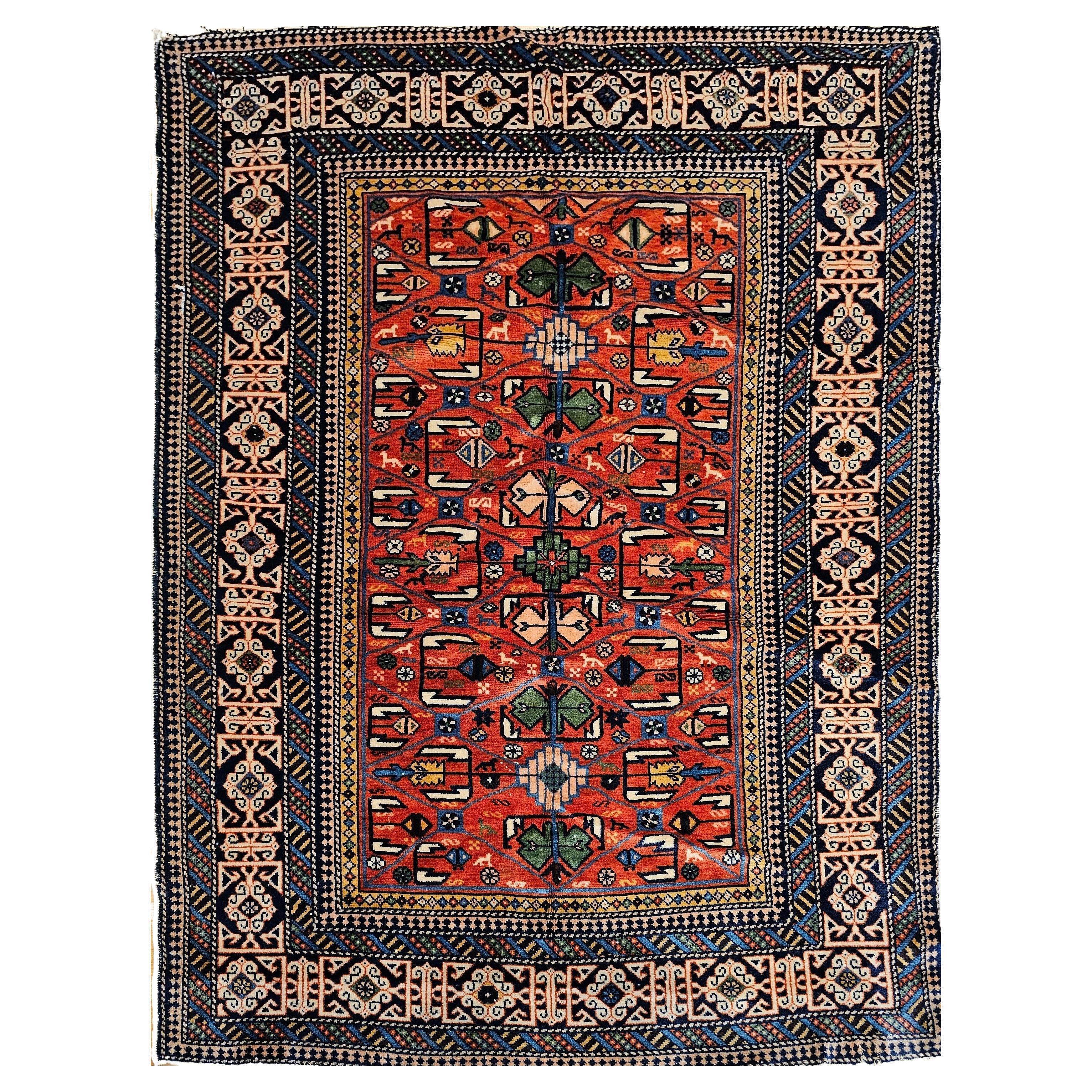 Antique Caucasian Shirvan Rug in Allover Geometric Pattern in Red, Navy, Blue For Sale