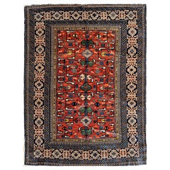 Antique Caucasian Shirvan Rug in Allover Geometric Pattern in Red, Navy, Blue