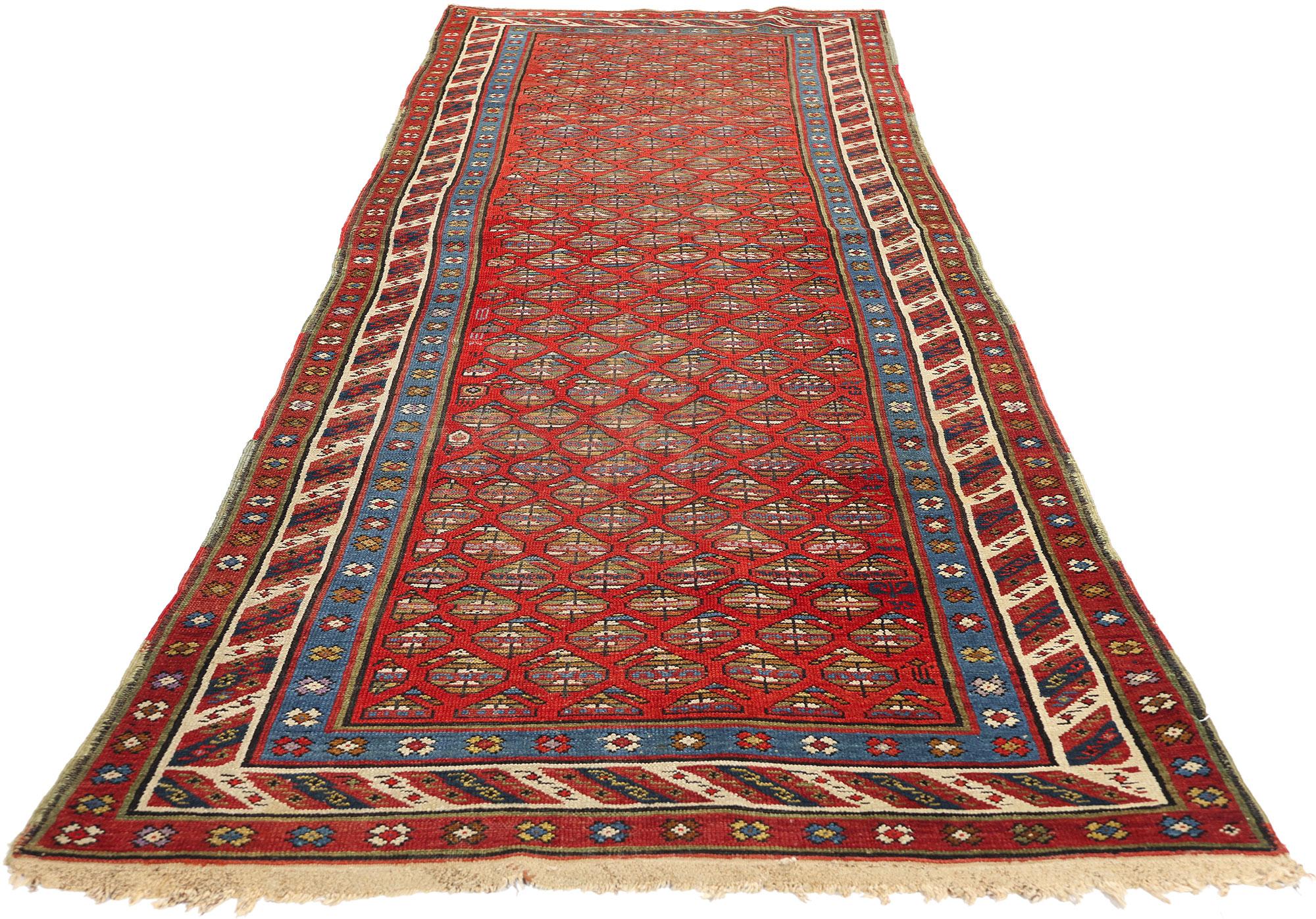 Mid-Century Modern Antique Caucasian Shirvan Boteh Runner with Tribal Style, Hallway Runner For Sale