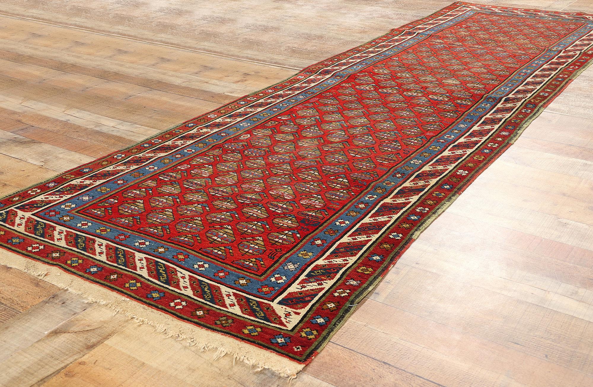 Wool Antique Caucasian Shirvan Boteh Runner with Tribal Style, Hallway Runner For Sale