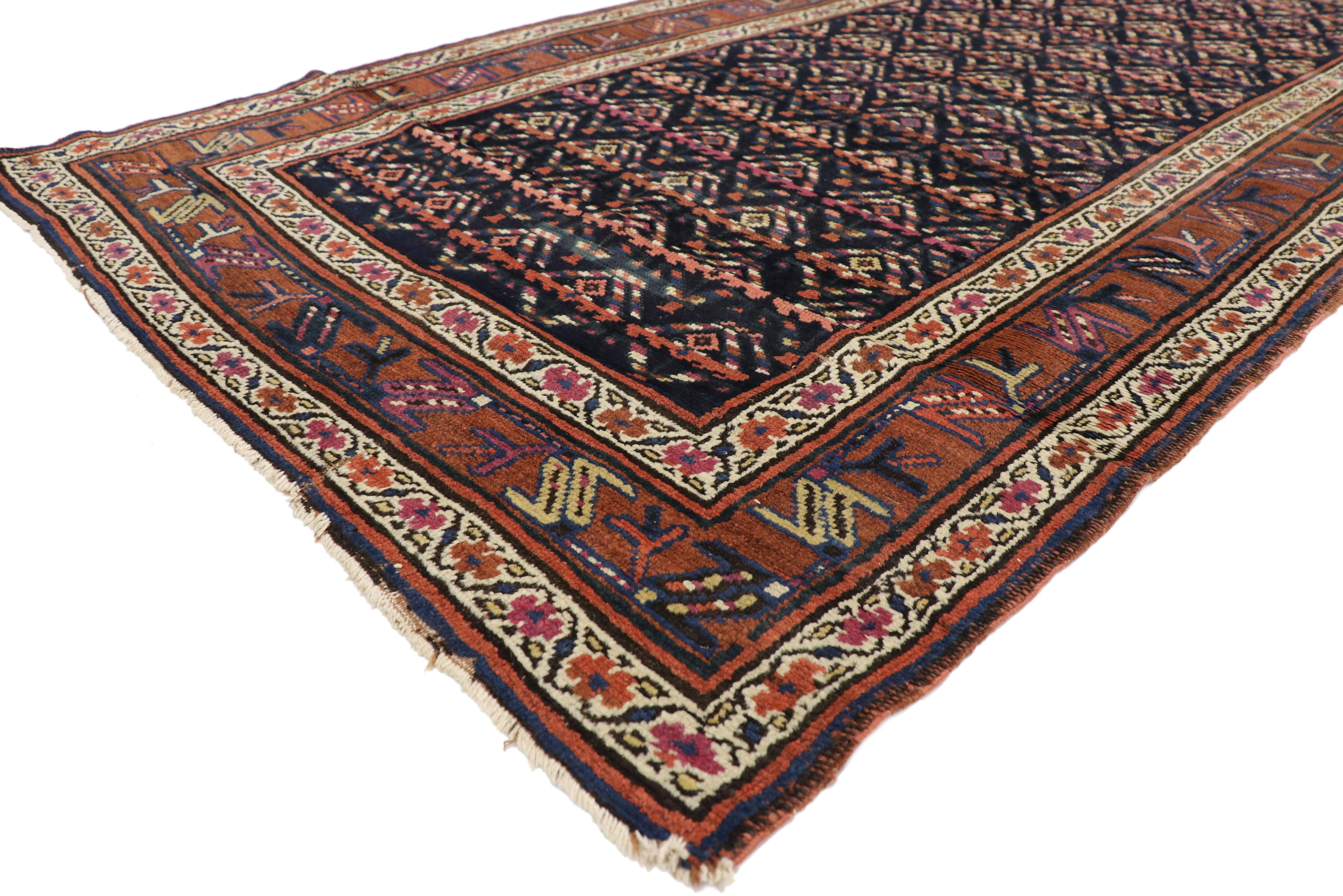 70541 Antique Caucasian Boteh Shirvan Hallway Runner with Modern Victorian Style 03'07 x 13'02. This hand-knotted wool antique Caucasian Shirvan hallway runner features all over repeating geometric boteh motifs. The boteh resembles sprouting seed