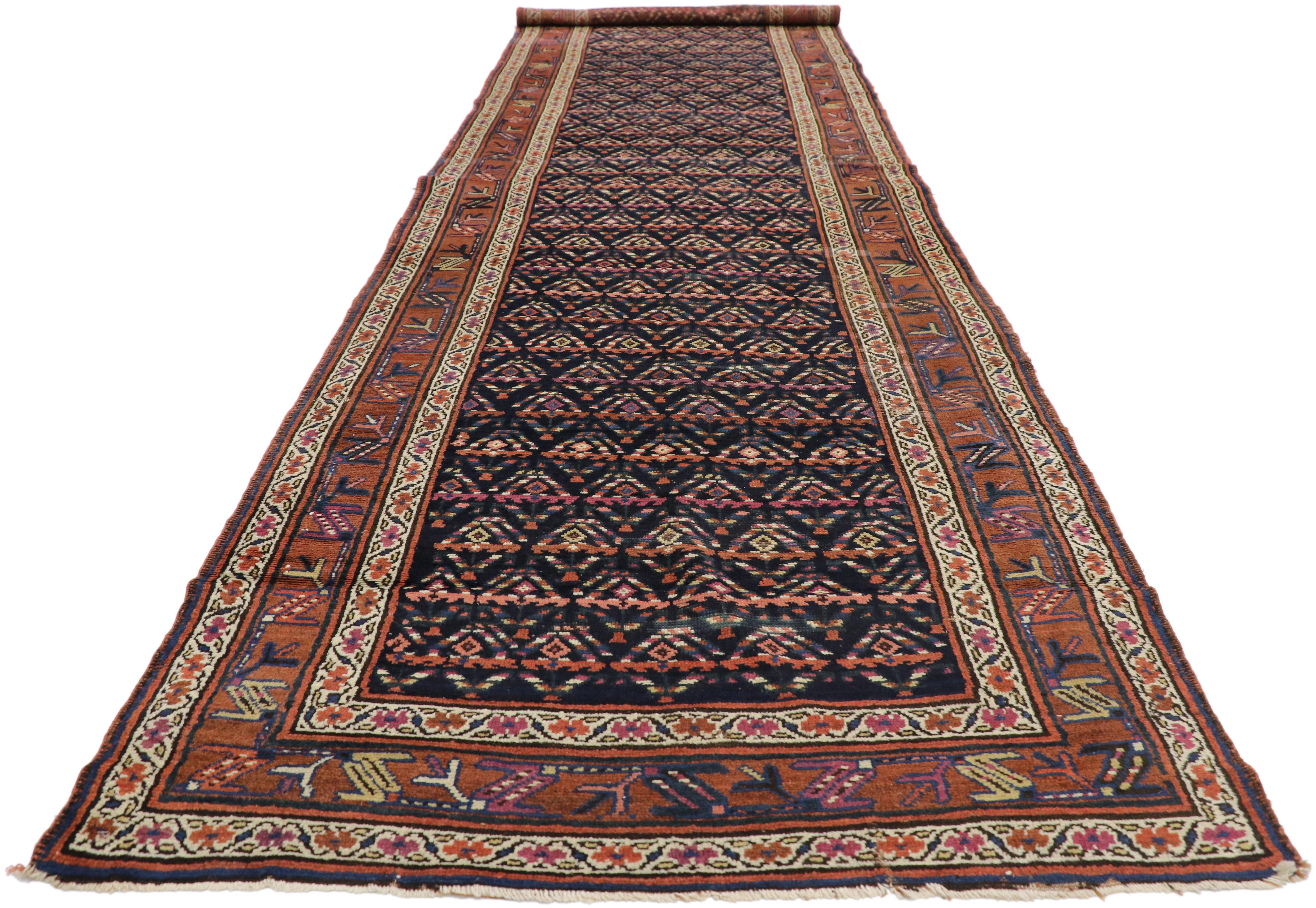 Hand-Knotted Antique Caucasian Boteh Shirvan Hallway Runner with Modern Victorian Style For Sale