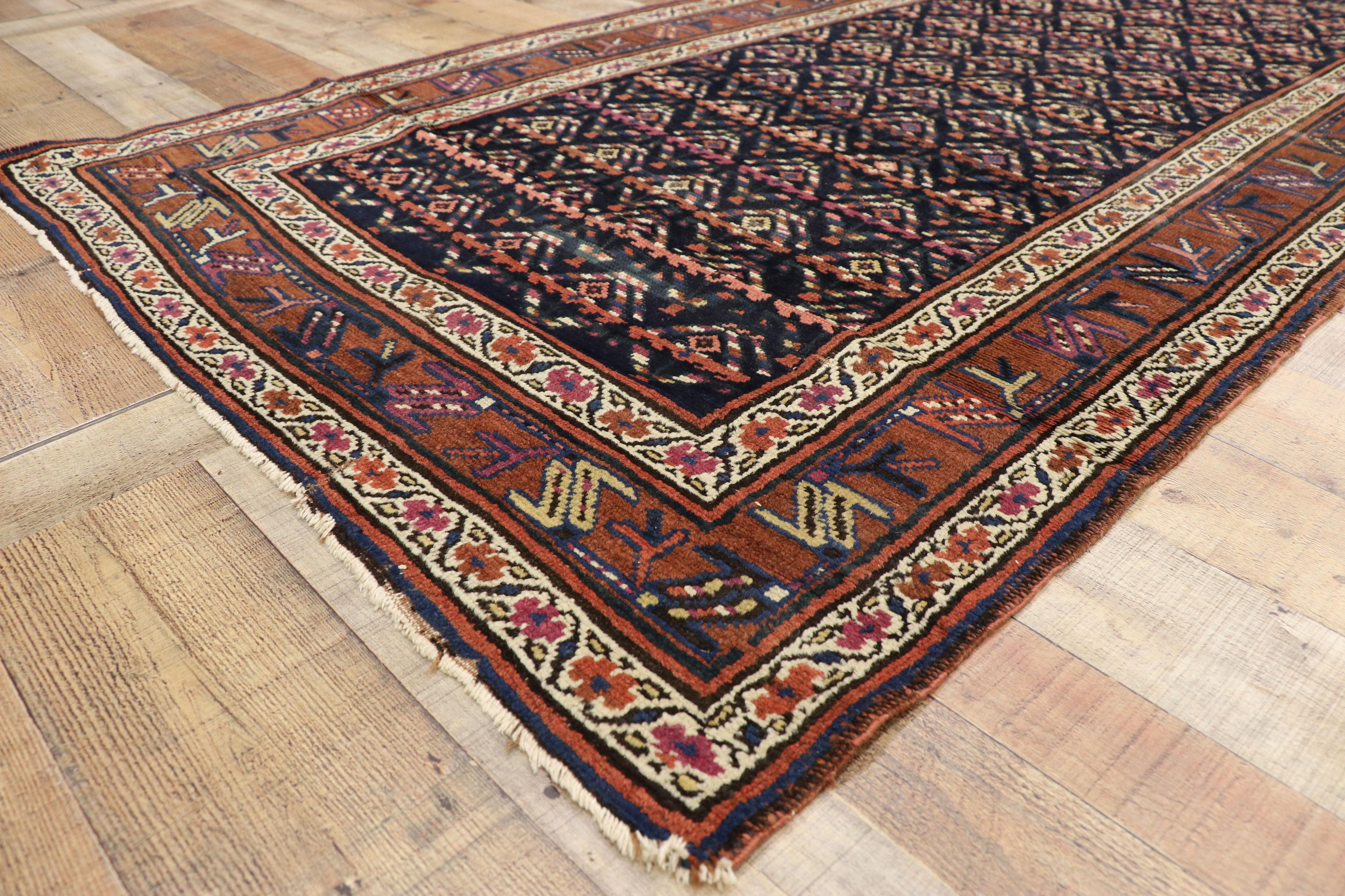 Wool Antique Caucasian Boteh Shirvan Hallway Runner with Modern Victorian Style For Sale