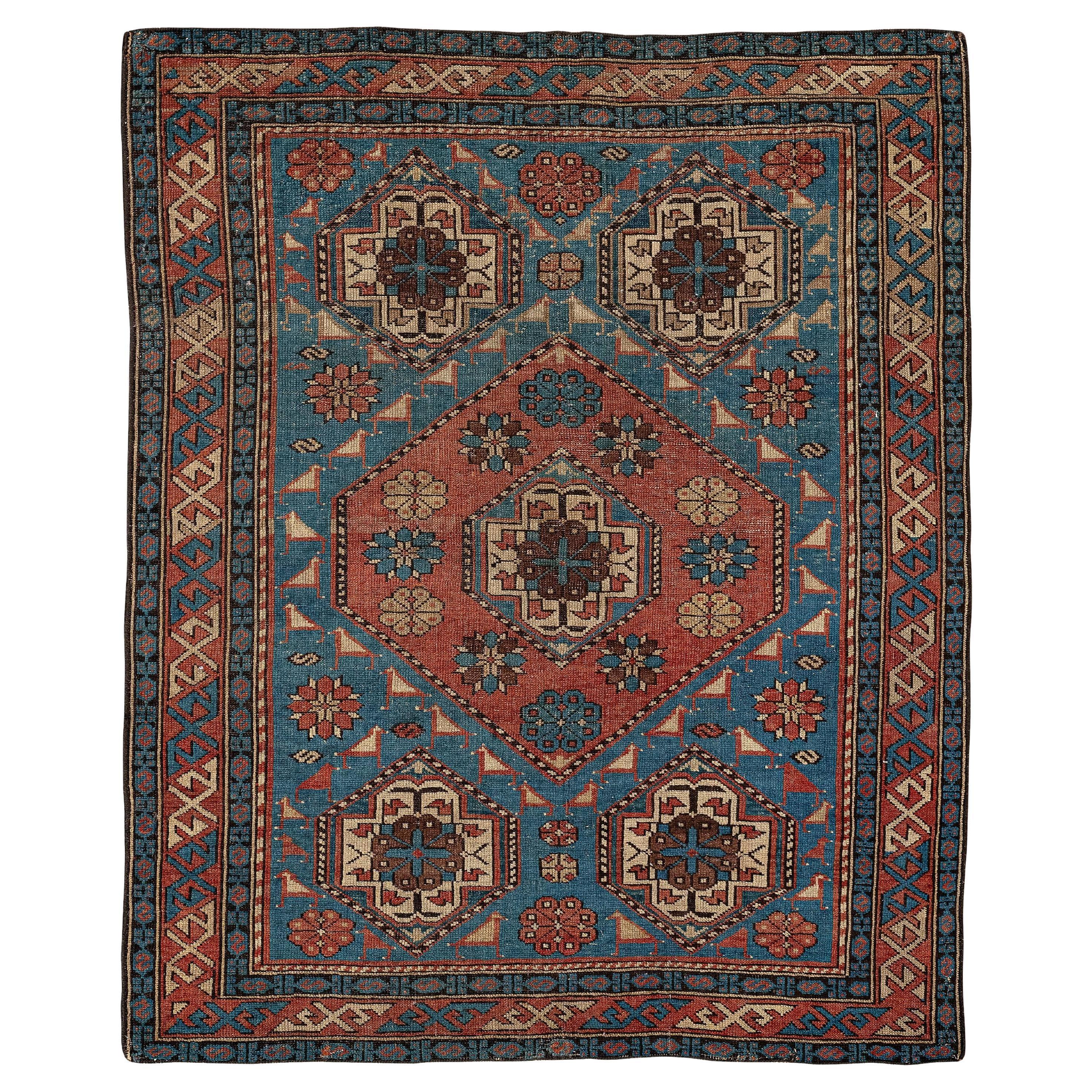 Antique Caucasian Shirvan Bule Rug with Geometric Medallions, 19th Century