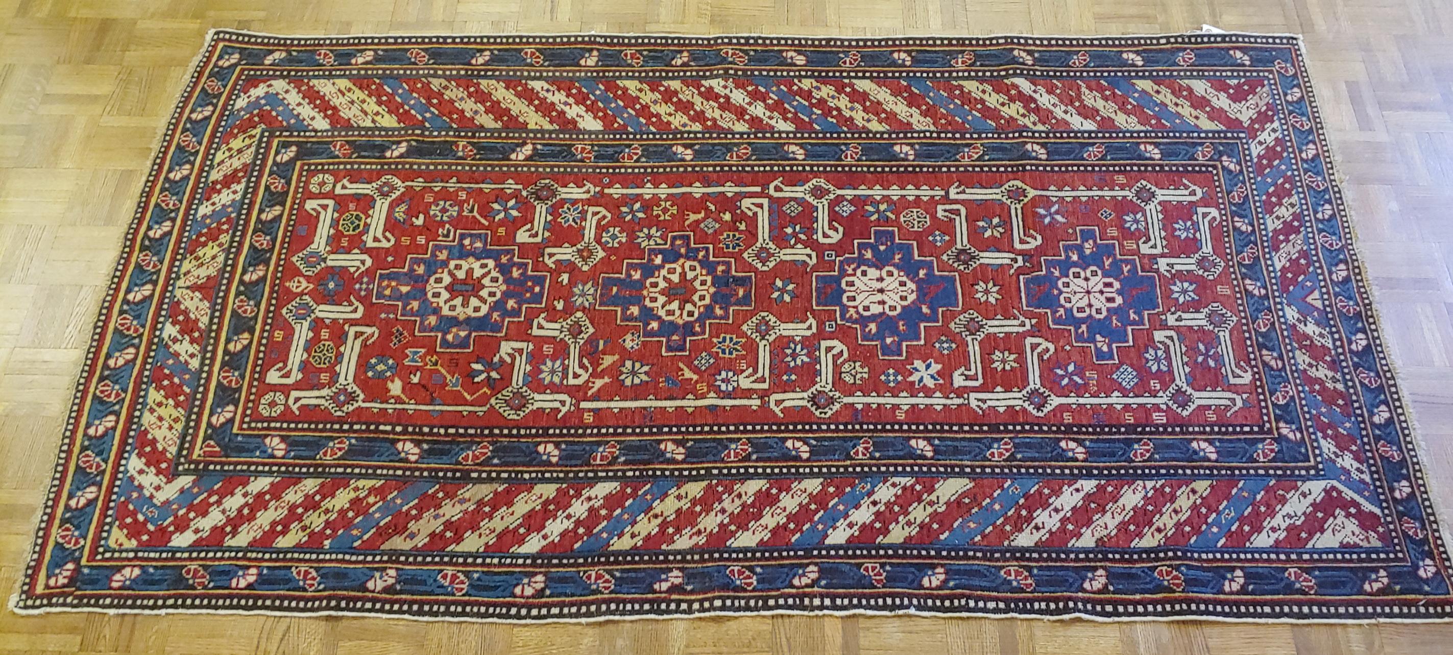 Kazak Antique Caucasian Shirvan, Classic Geometric, Rust Field, Wool, 1900 For Sale