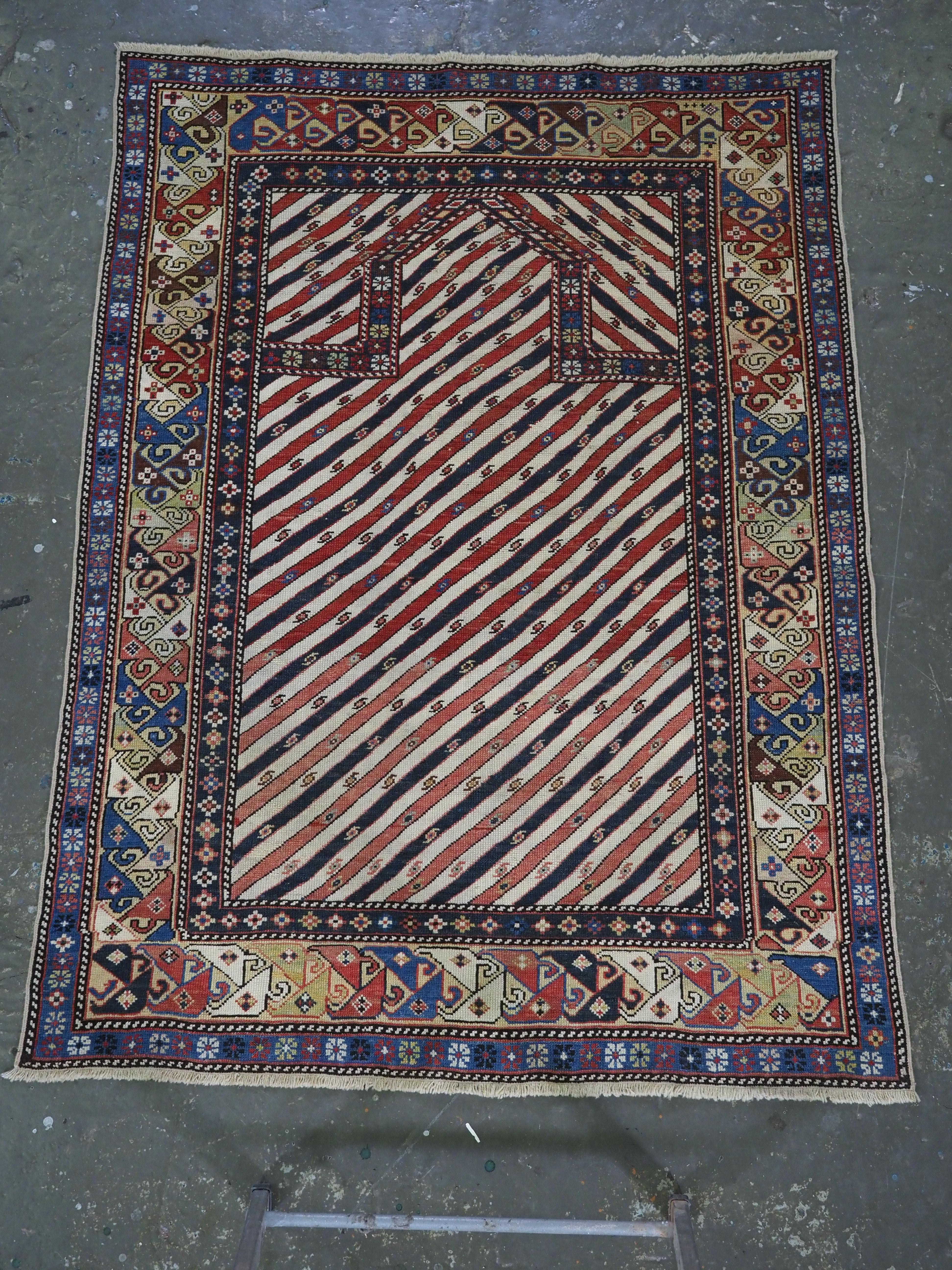 Asian Antique Caucasian Shirvan/Dagestan prayer rug with scarce diagonal stipe design. For Sale