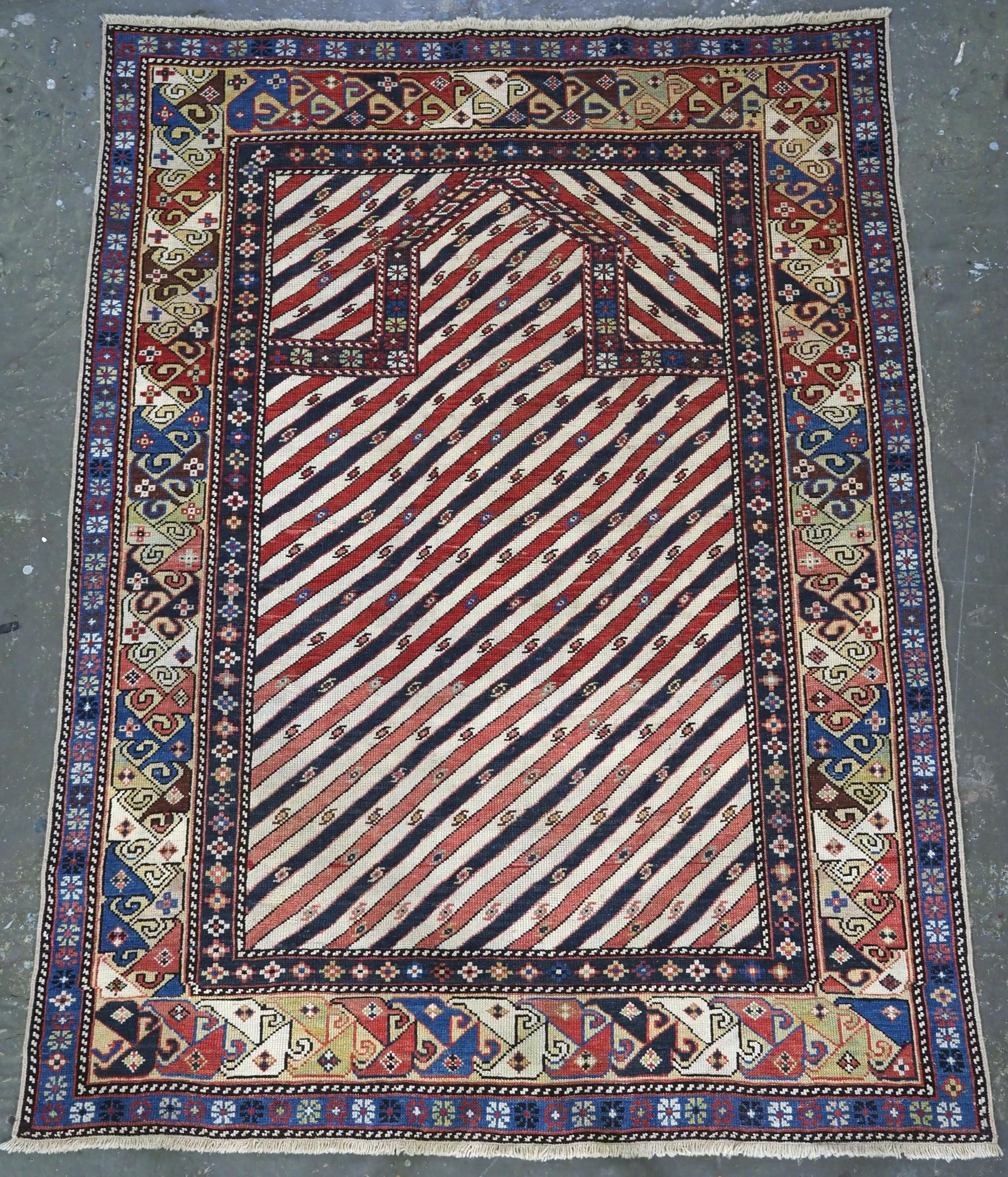 Late 19th Century Antique Caucasian Shirvan/Dagestan prayer rug with scarce diagonal stipe design. For Sale