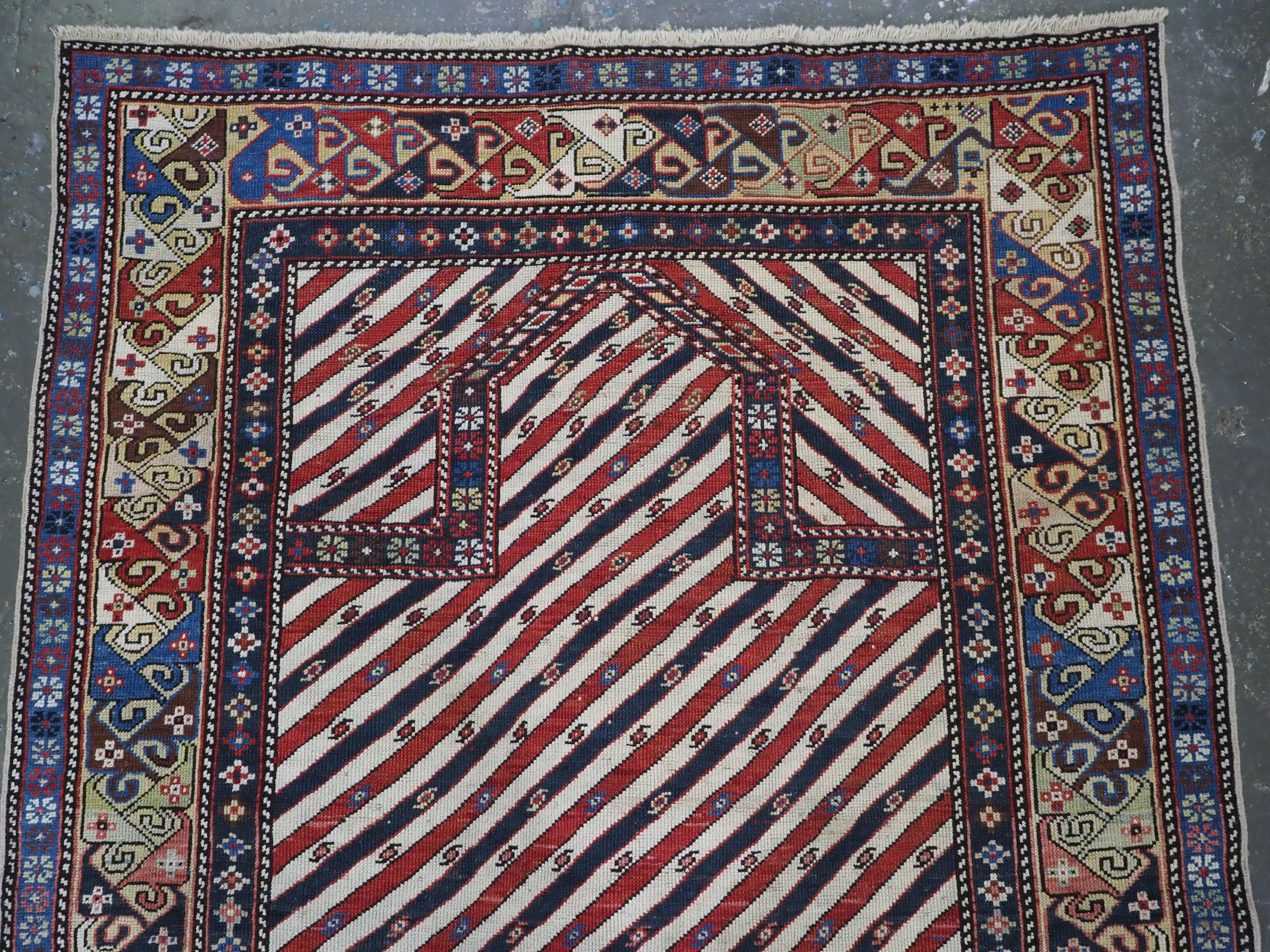 Antique Caucasian Shirvan/Dagestan prayer rug with scarce diagonal stipe design. For Sale 1