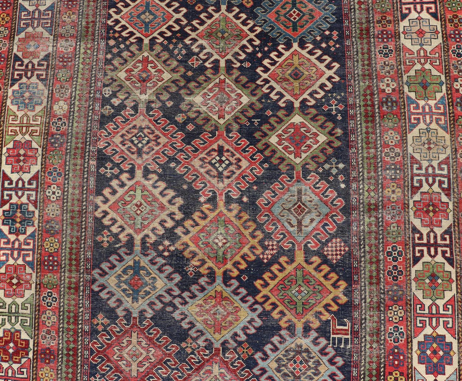 XIXe siècle Ancien tapis caucasien Shirvan Gallery avec motifs géométriques en forme de diamants  4'6 x 12'0 en vente